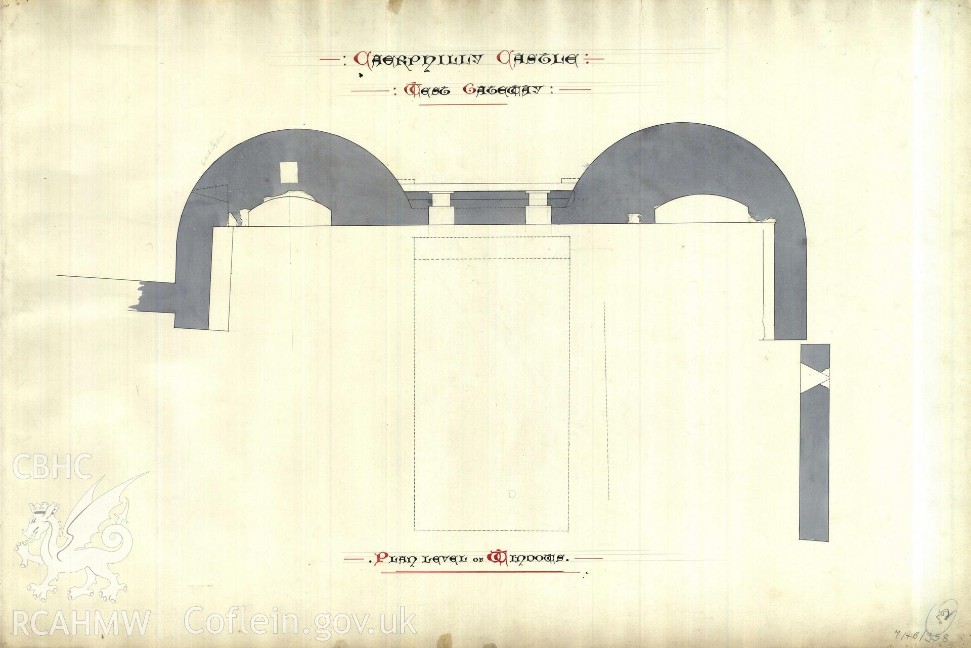 Cadw guardianship monument drawing of Caerphilly Castle. Mid W gate, upper plan. Cadw Ref. No:714B/358. Scale 1:24.
