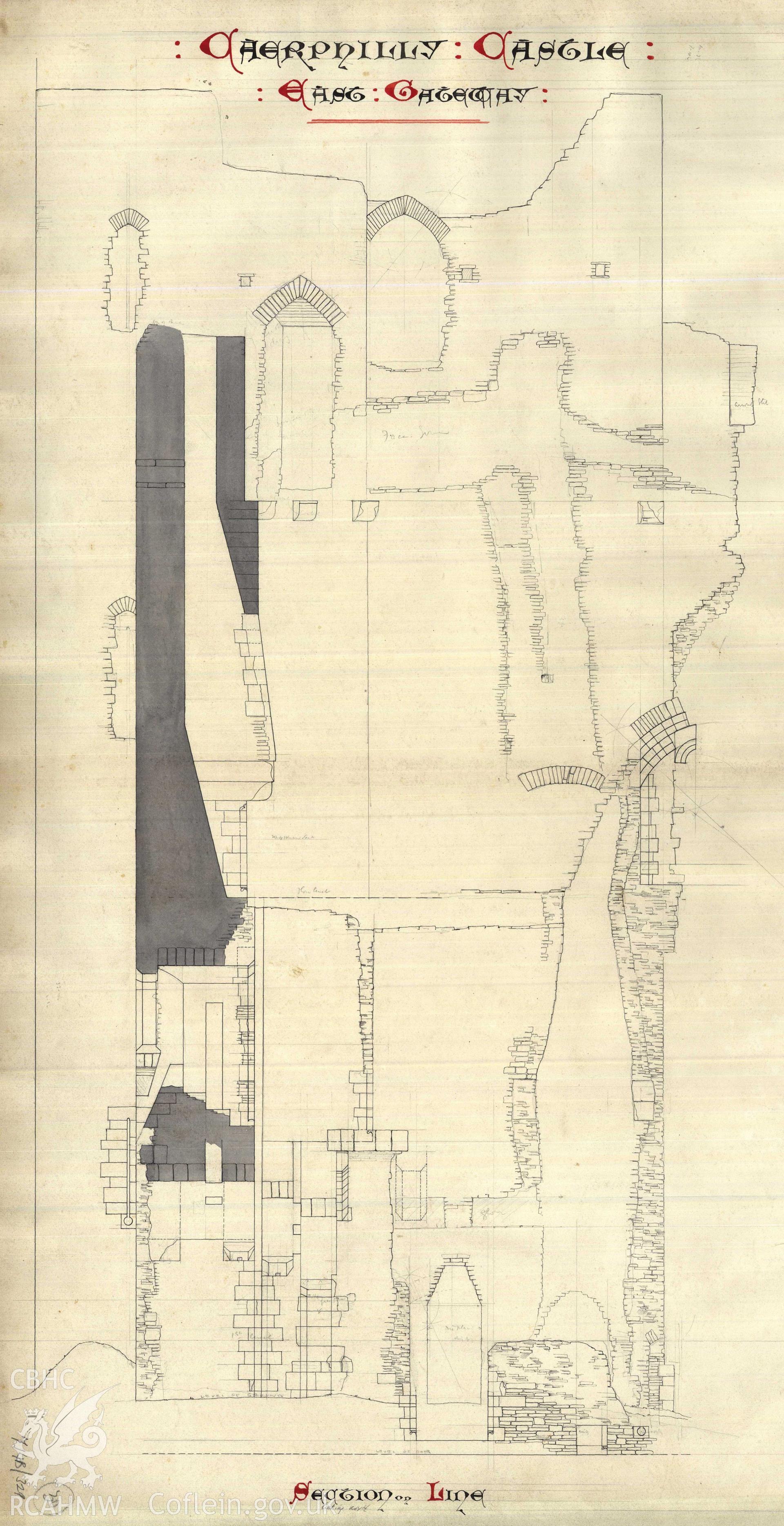 Cadw guardianship monument drawing of Caerphilly Castle. Section, East gateway. Cadw Ref. No. 714B/329. No scale.