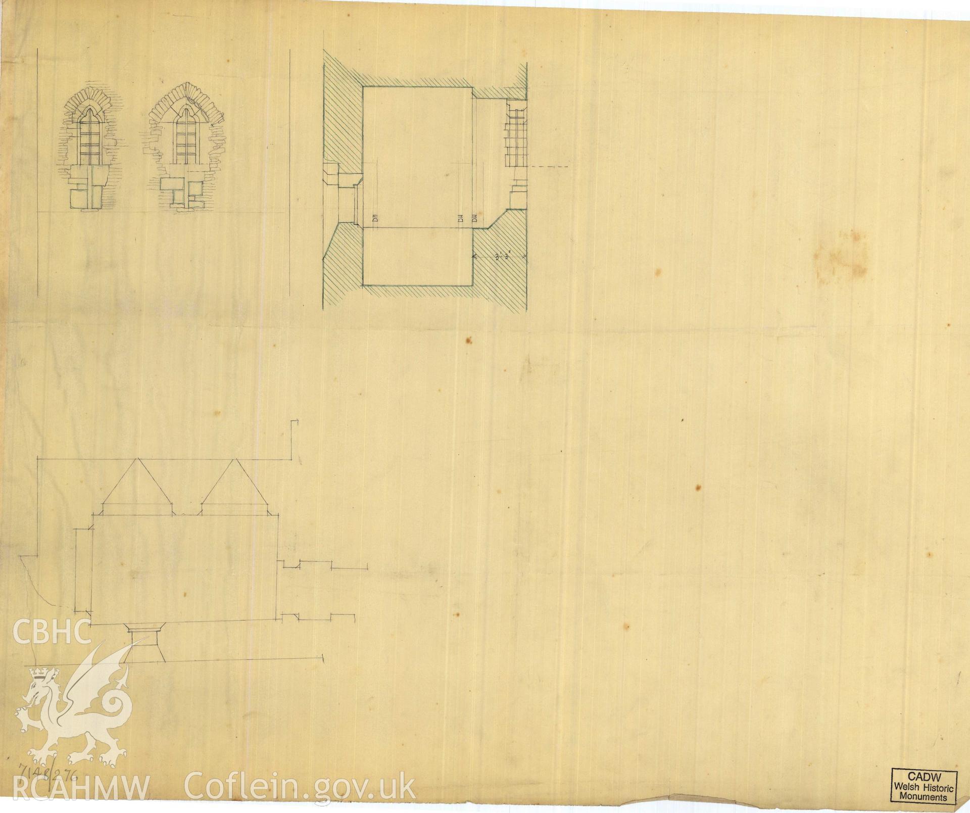 Cadw guardianship monument drawing of Caerphilly Castle. Inner E gate, Oratory N windows. Cadw Ref. No:714B/276. Scale 1:24.