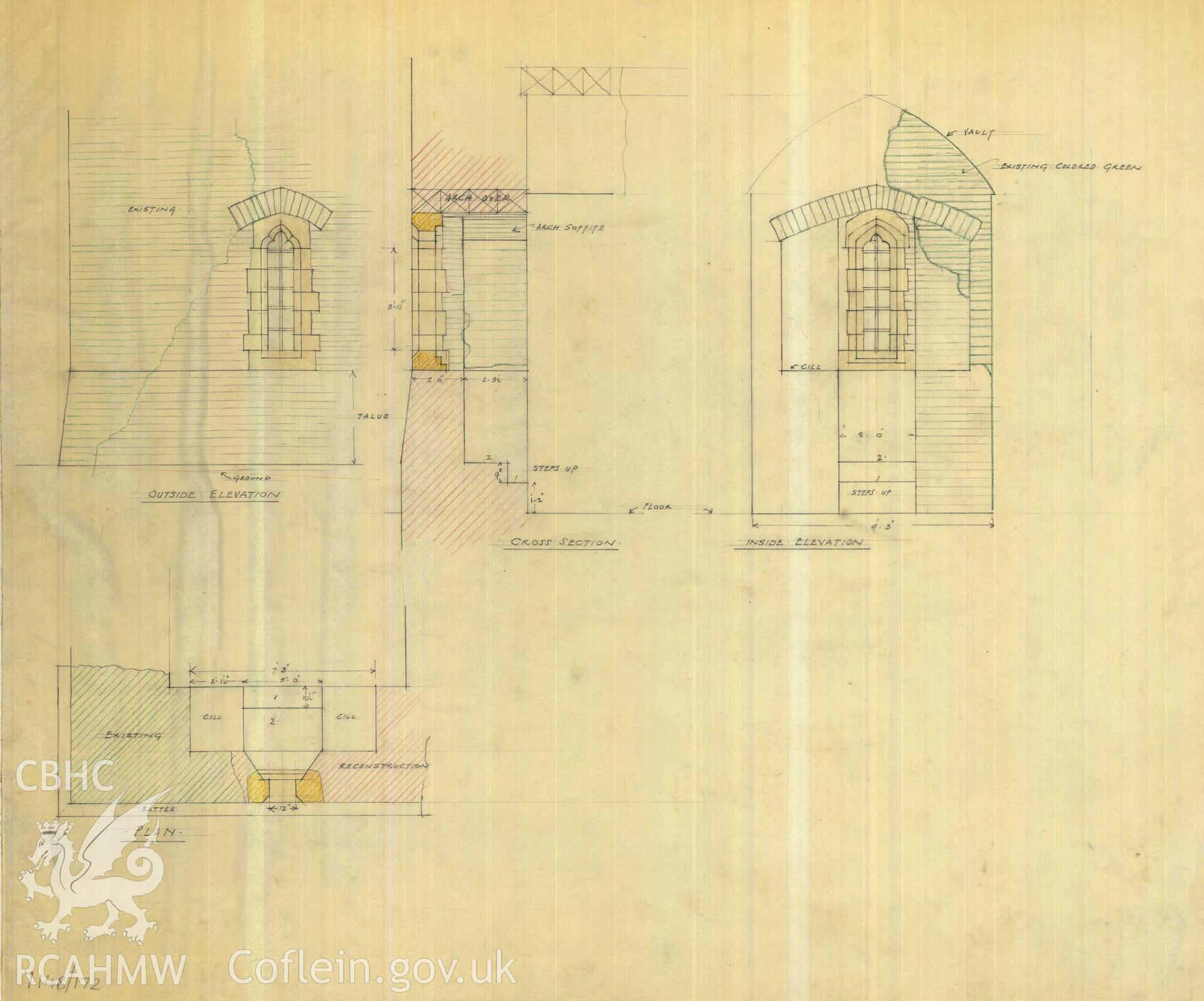 Cadw guardianship monument drawing of Caerphilly Castle. Dam, S gate, window details. Cadw Ref. No:714B/172. Scale 1:24.