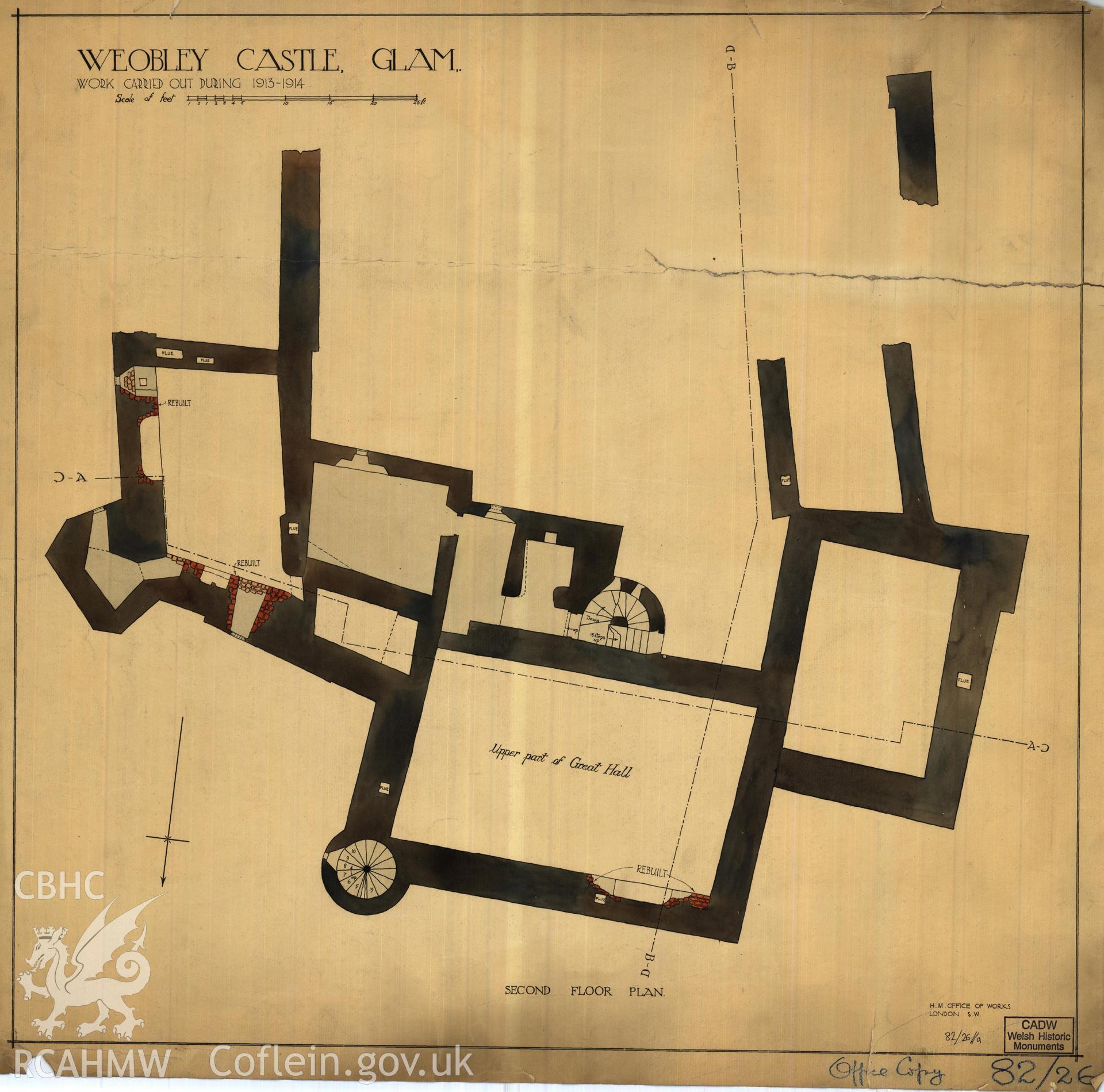 Cadw guardianship monument drawing of Weobley Castle. Top floor plan + consolidations. Cadw Ref. No:82/26. Scale 1:48.