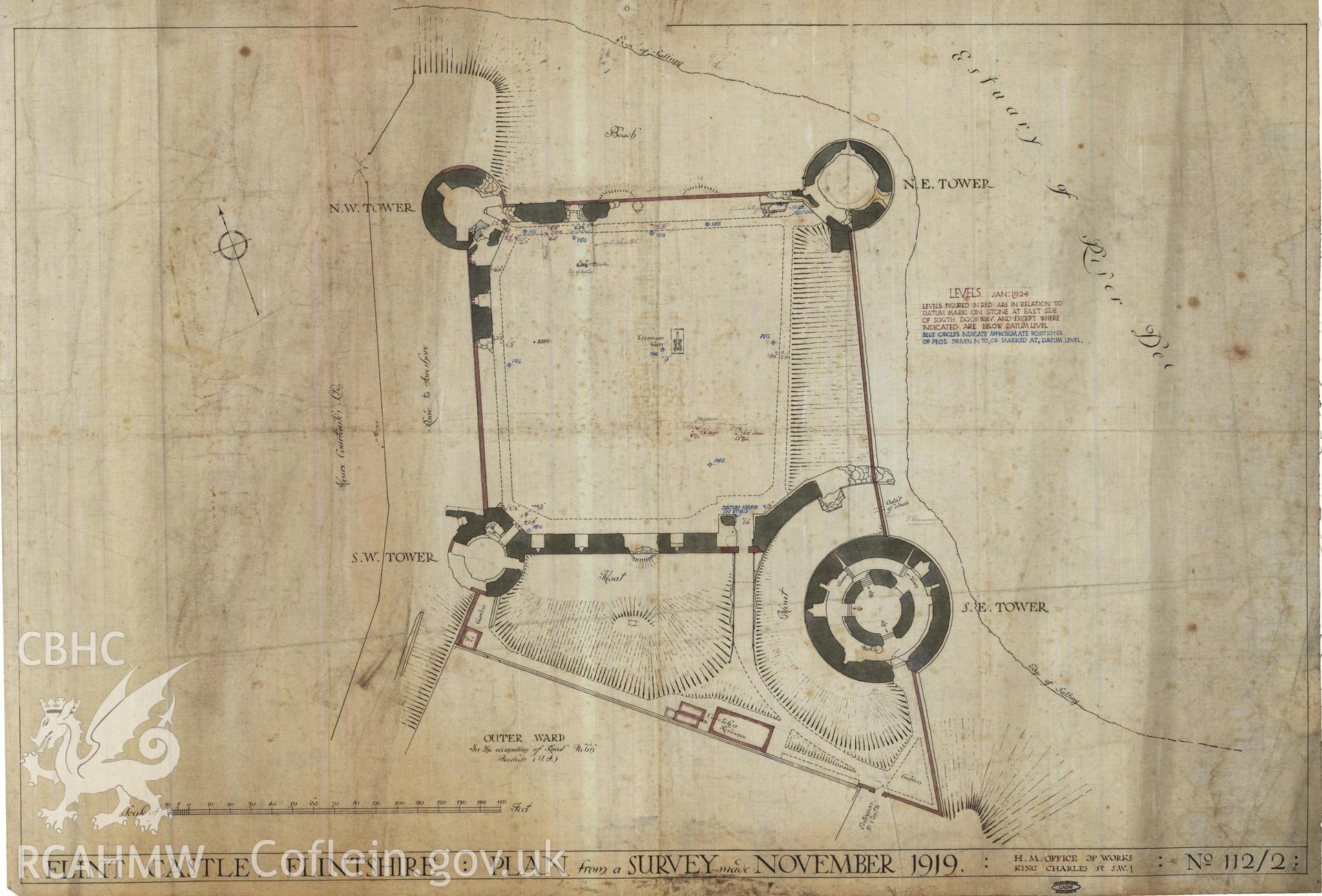 Cadw guardianship monument drawing of Flint Castle. General site plan. Cadw Ref. No. 112/2//a. Scale 1:192.