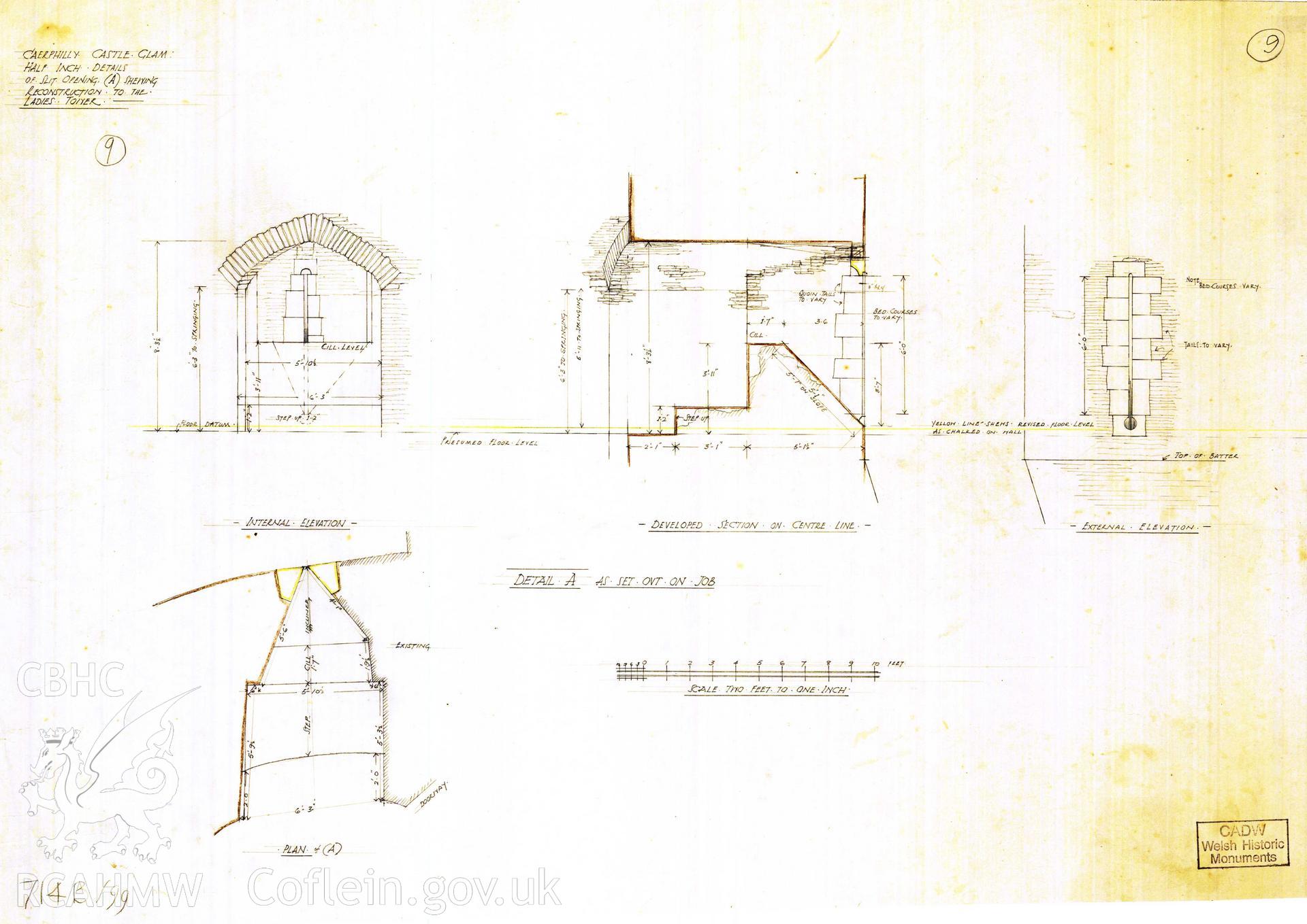 Digital copy of Cadw guardianship monument drawing of Caerphilly Castle. NW tower, arrowslit A. Cadw ref. no: 714B/99. Scale 1:24. Original drawing withdrawn and returned to Cadw at their request.