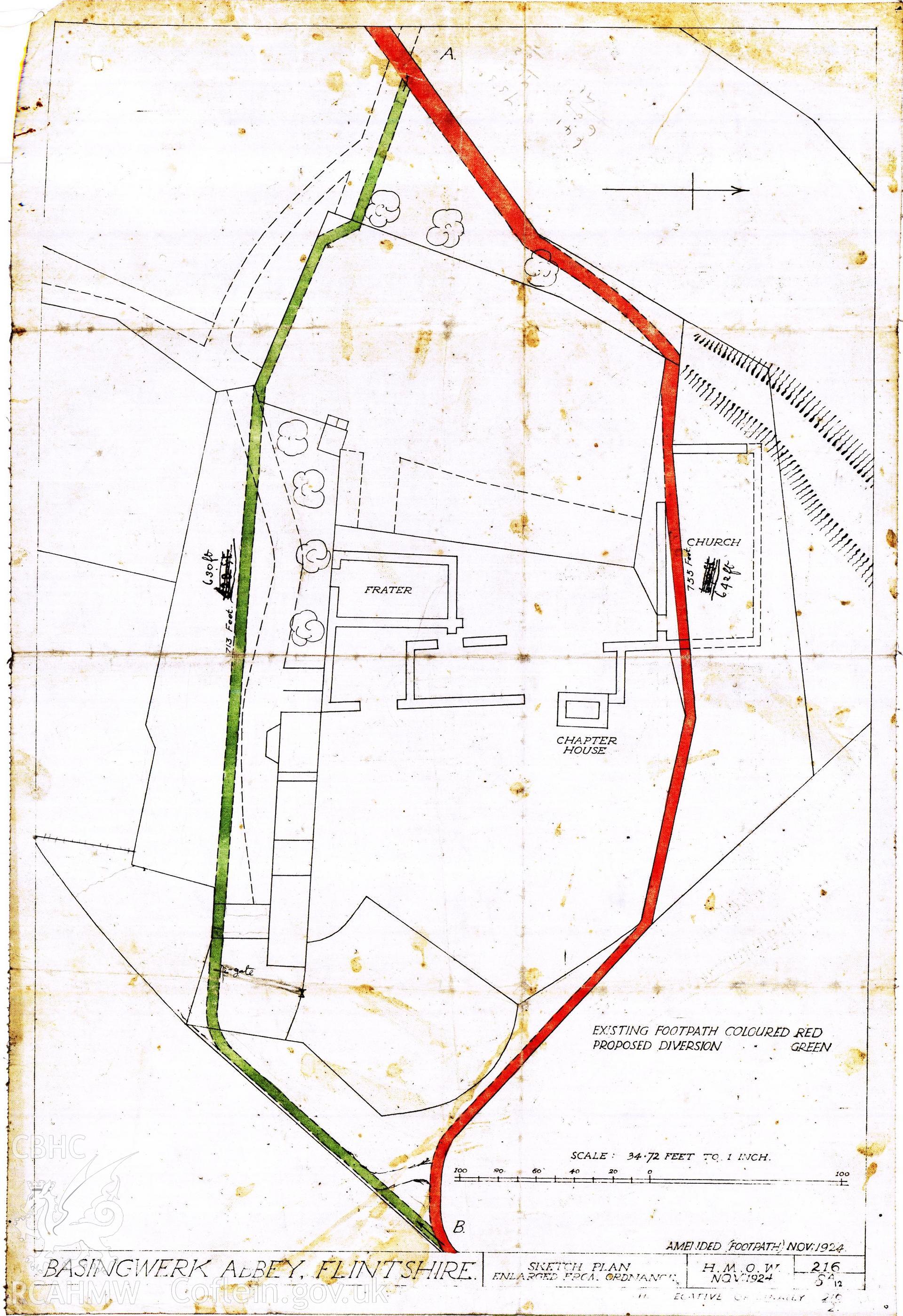 Cadw guardianship monument drawing of Basingwerk. Deed Plan showing footpaths. Cadw Ref. No:216/8A12. No scale.