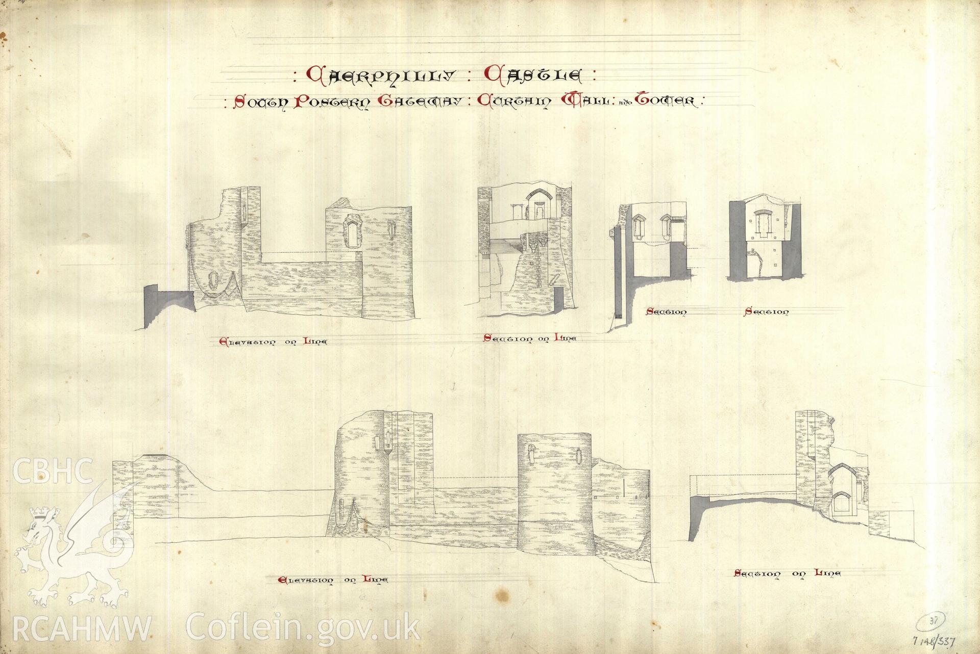 Cadw guardianship monument drawing of Caerphilly Castle. Dam, S part, 2 elevs + 4 sections. Cadw Ref. No:714B/337. Scale 1:96.