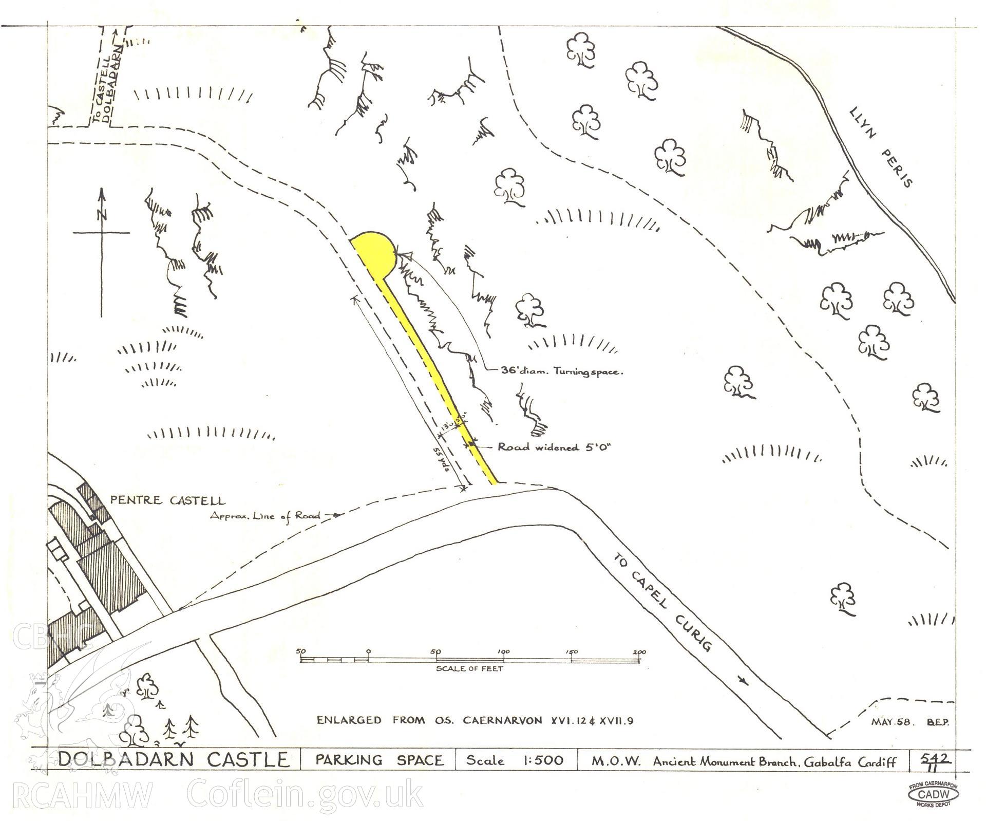 Cadw guardianship monument drawing of Dolbadarn Castle. Parking (and turning space). Cadw Ref. No:542/11. Scale 1:500.