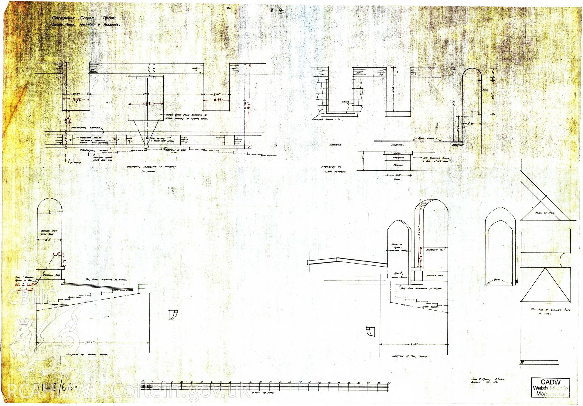 Digital copy of Cadw guardianship monument drawing of Caerphilly Castle. NW tower, wall-head + parapet. Cadw ref. no: 714B/66b. Scale 1:24. Original drawing withdrawn and returned to Cadw at their request.