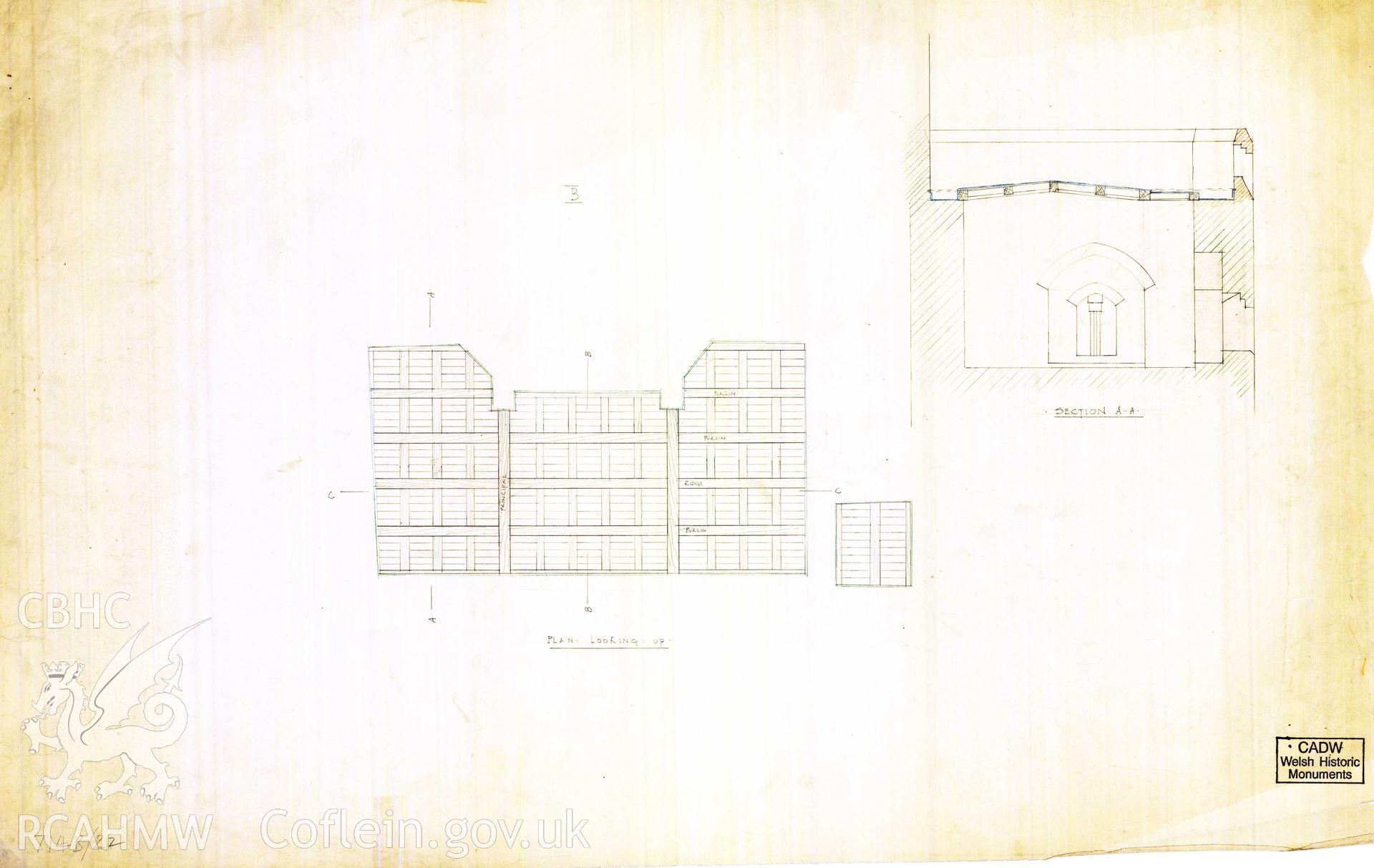 Digital copy of Cadw guardianship monument drawing of Caerphilly Castle. Outer E gate, roof beams plan (iii). Cadw ref. no: 714B/22. Scale 1:[48].  Original drawing withdrawn and returned to Cadw at their request.