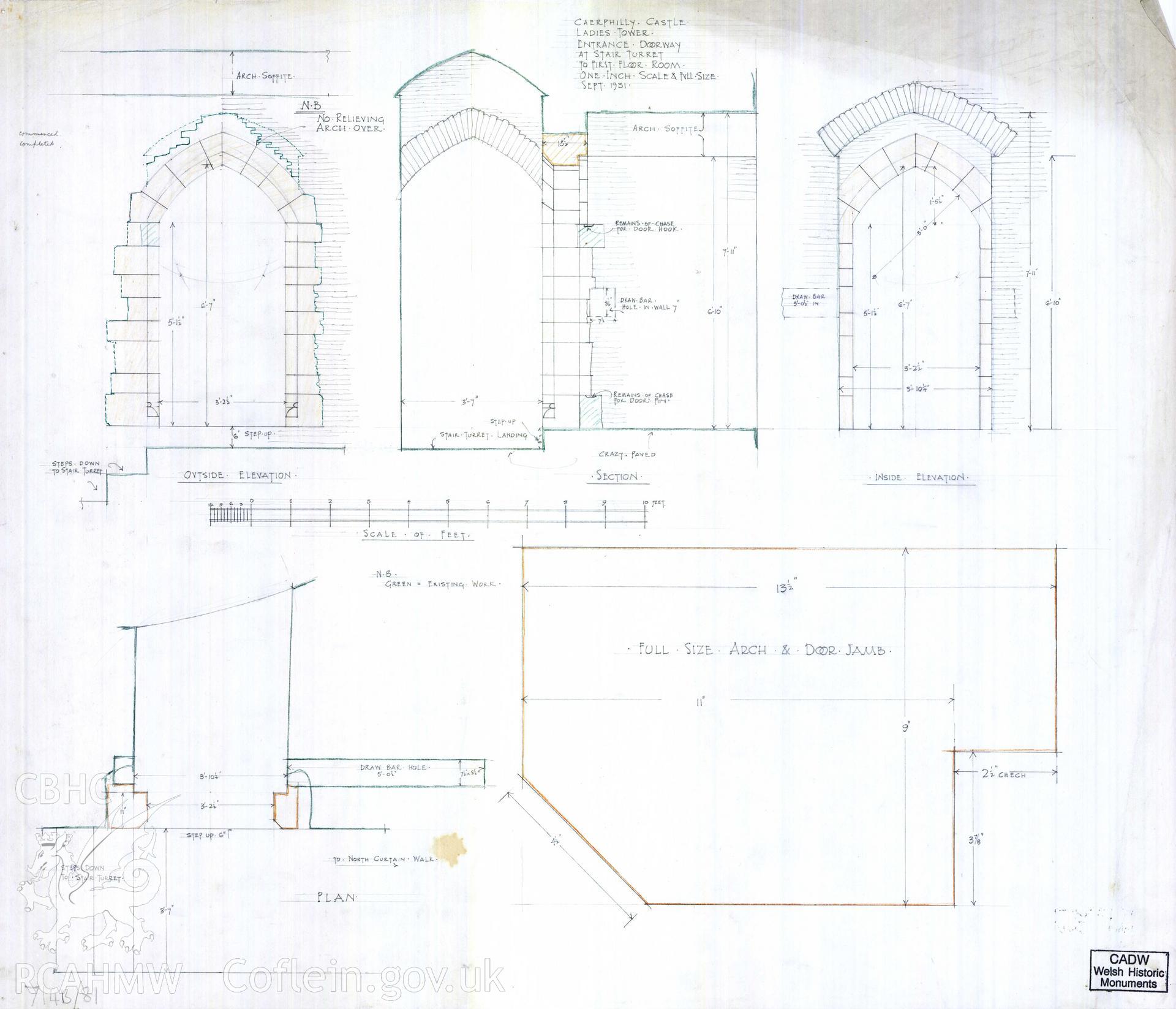 Cadw guardianship monument drawing of Caerphilly Castle. NW tower, upper floor, stairs door. Cadw ref. no: 714B/81. Scale 1:12.1. Digital copy on Cadw CD C1. Original drawing withdrawn and returned to Cadw at their request.