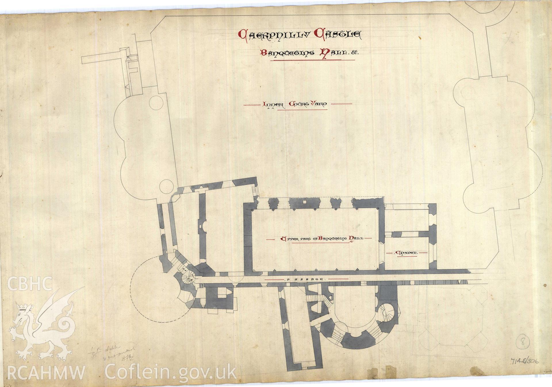 Cadw guardianship monument drawing of Caerphilly Castle. Great Hall etc upper floor plan. Cadw Ref. No:714B/306. Scale 1:96.