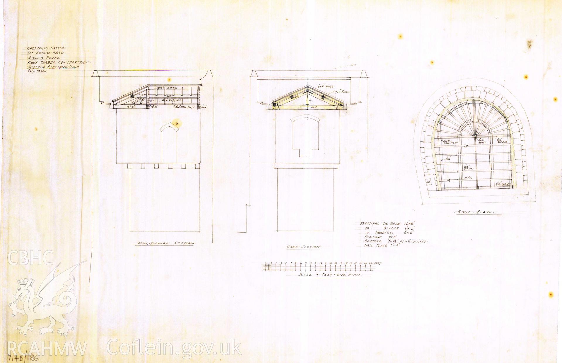 Cadw guardianship monument drawing of Caerphilly Castle. Dam S tower, sections+roof-beams. Cadw Ref. No:714B/186. Scale 1:48.