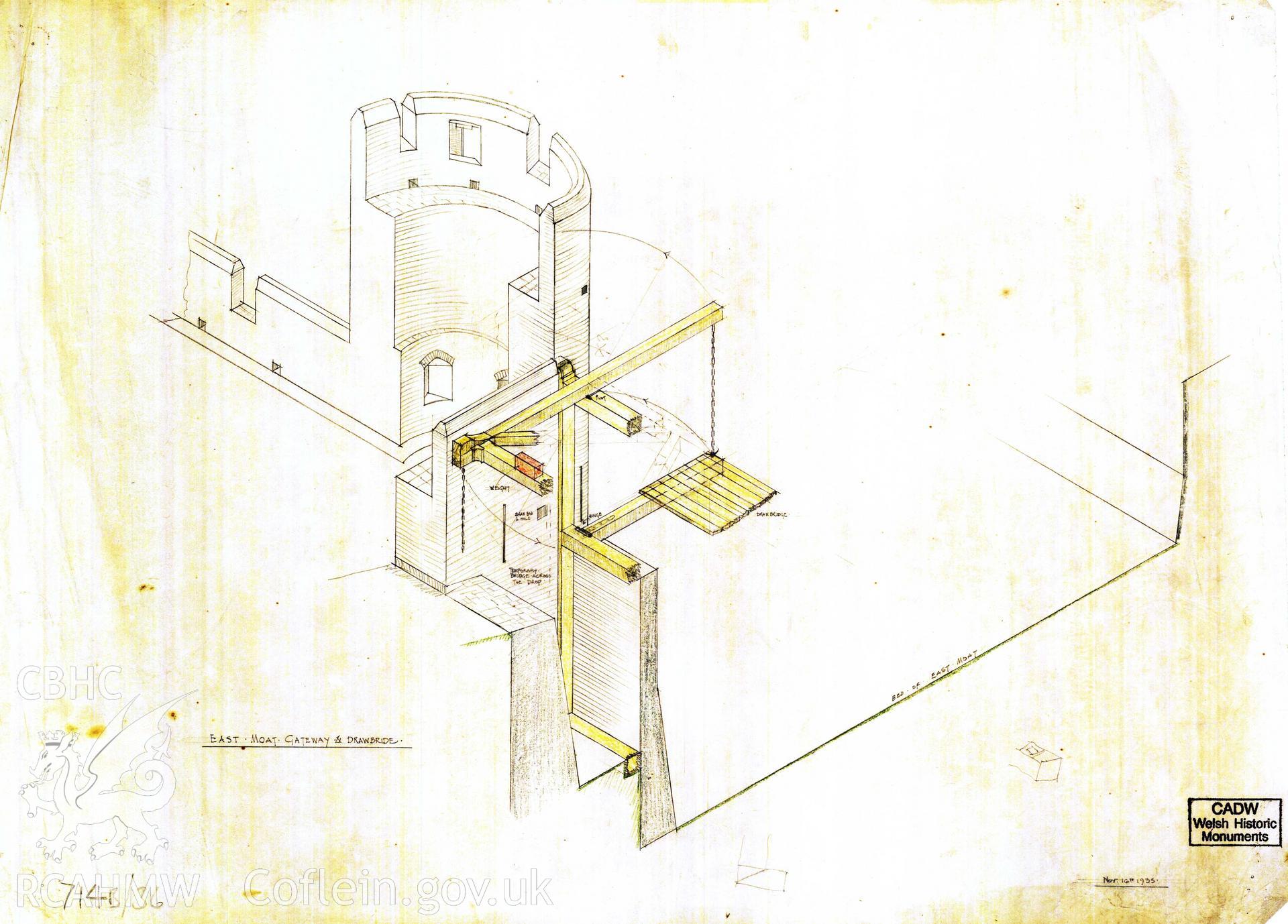 Digital copy of Cadw guardianship monument drawing of Caerphilly Castle. Mid E gate, isom view, cutaway. Cadw ref. no: 714B/36. Unknown scale.  Original drawing withdrawn and returned to Cadw at their request.