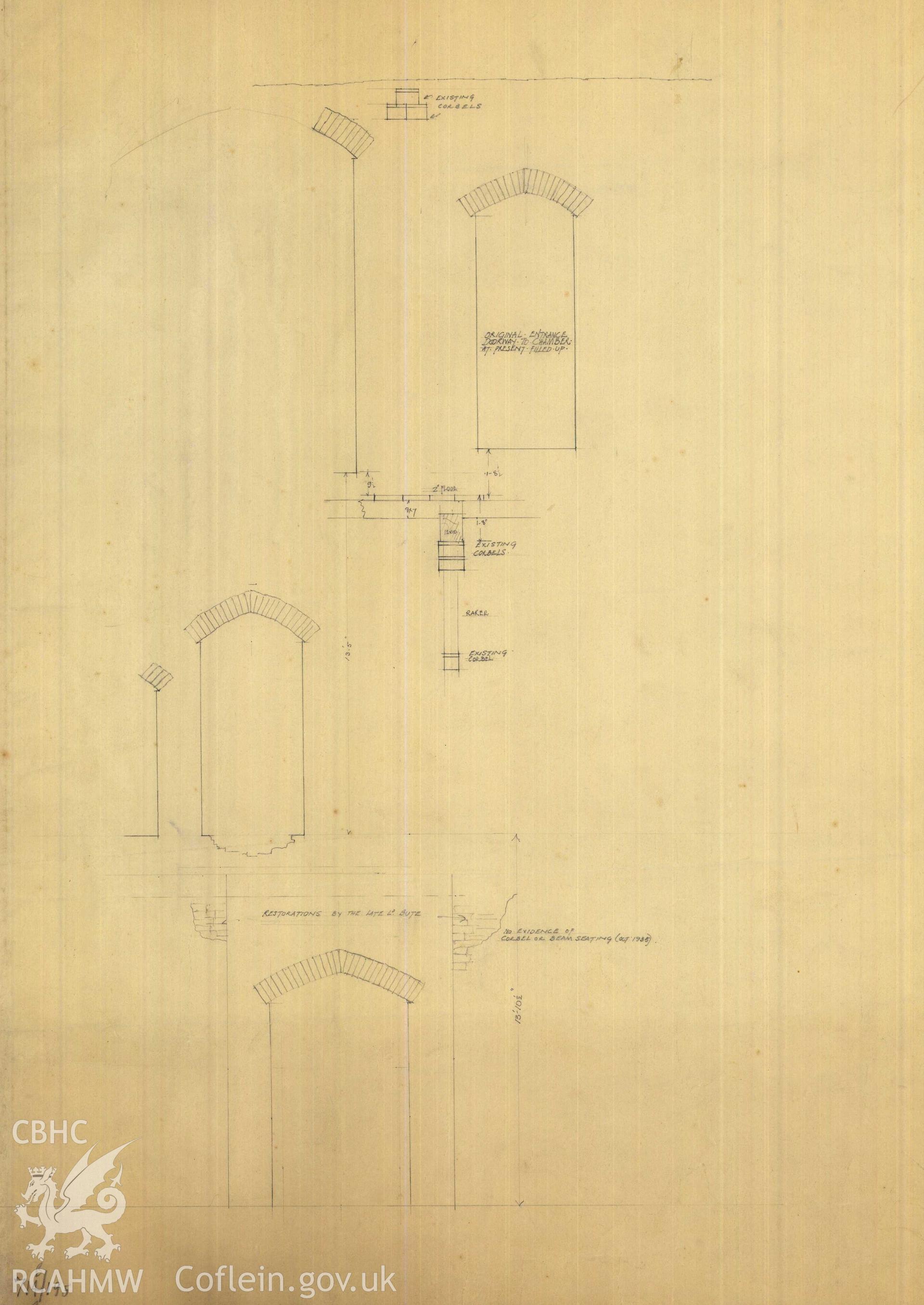 Cadw guardianship monument drawing of Caerphilly Castle. Some tower elevations. Cadw Ref. No:714B/195. Scale 1:24.