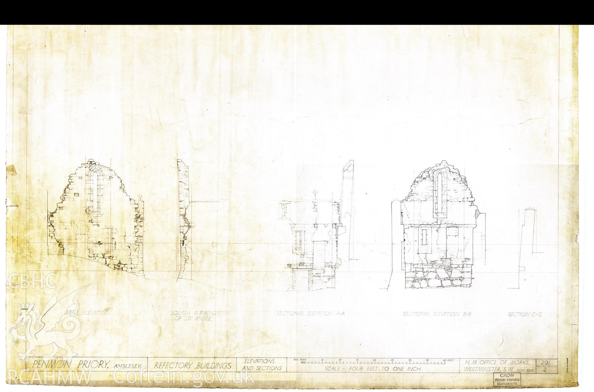Cadw guardianship monument drawing of Penmon Priory. Refectory, draft elevs+sections. Cadw Ref. No:291/2. Scale 1:48.