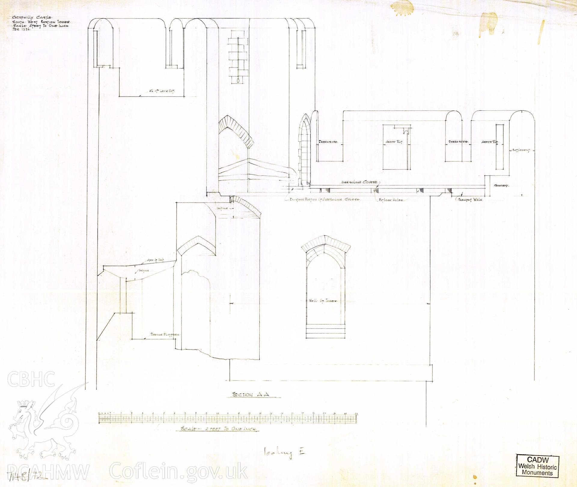 Digital copy of Cadw guardianship monument drawing of Caerphilly Castle. SW tower, top fl parapet section A. Cadw ref. no: 714B/72. Scale 1:24. Original drawing withdrawn and returned to Cadw at their request.