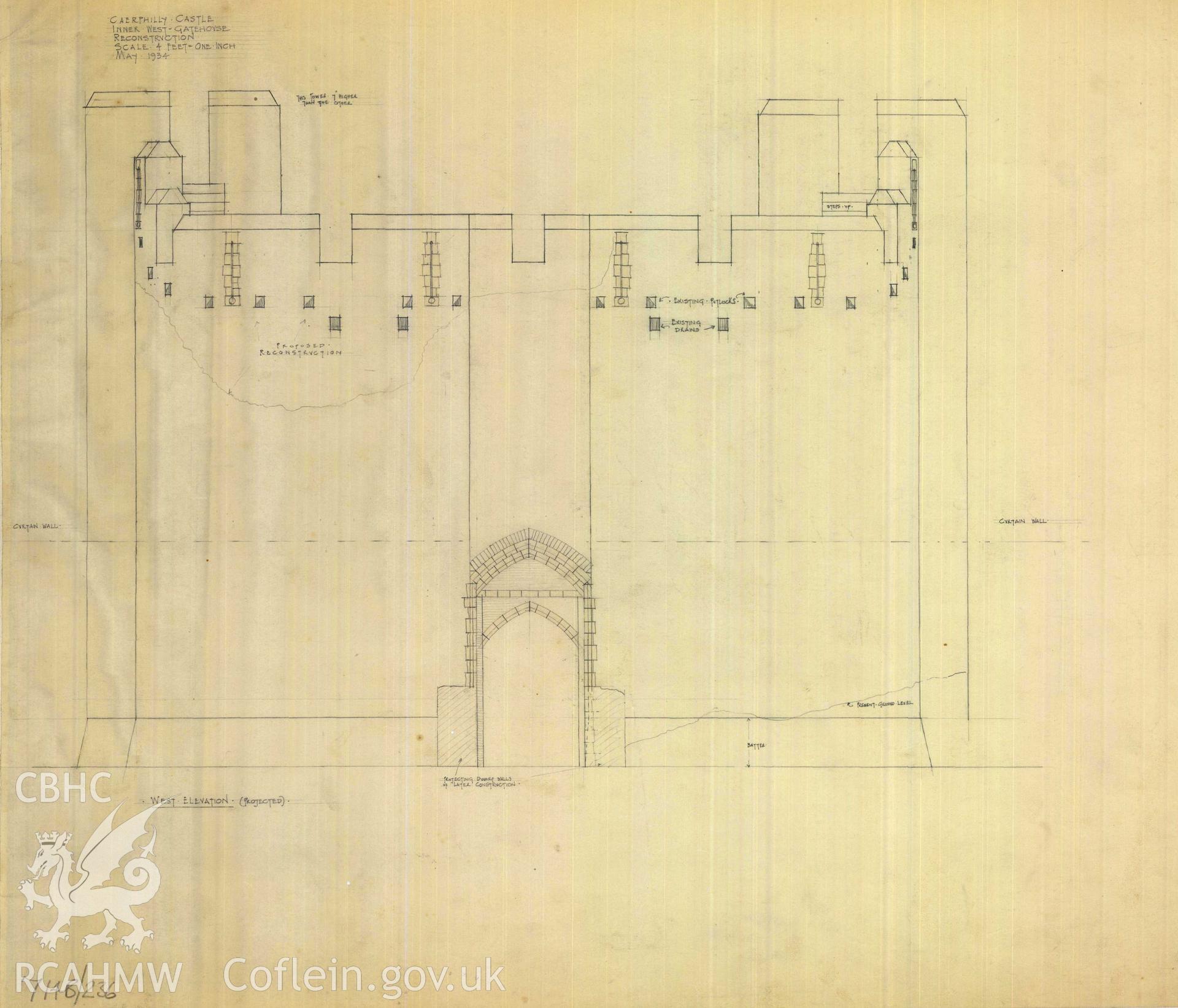 Cadw guardianship monument drawing of Caerphilly Castle. Inner W gate, W elev. Cadw Ref. No:714B/236. Scale 1:48.