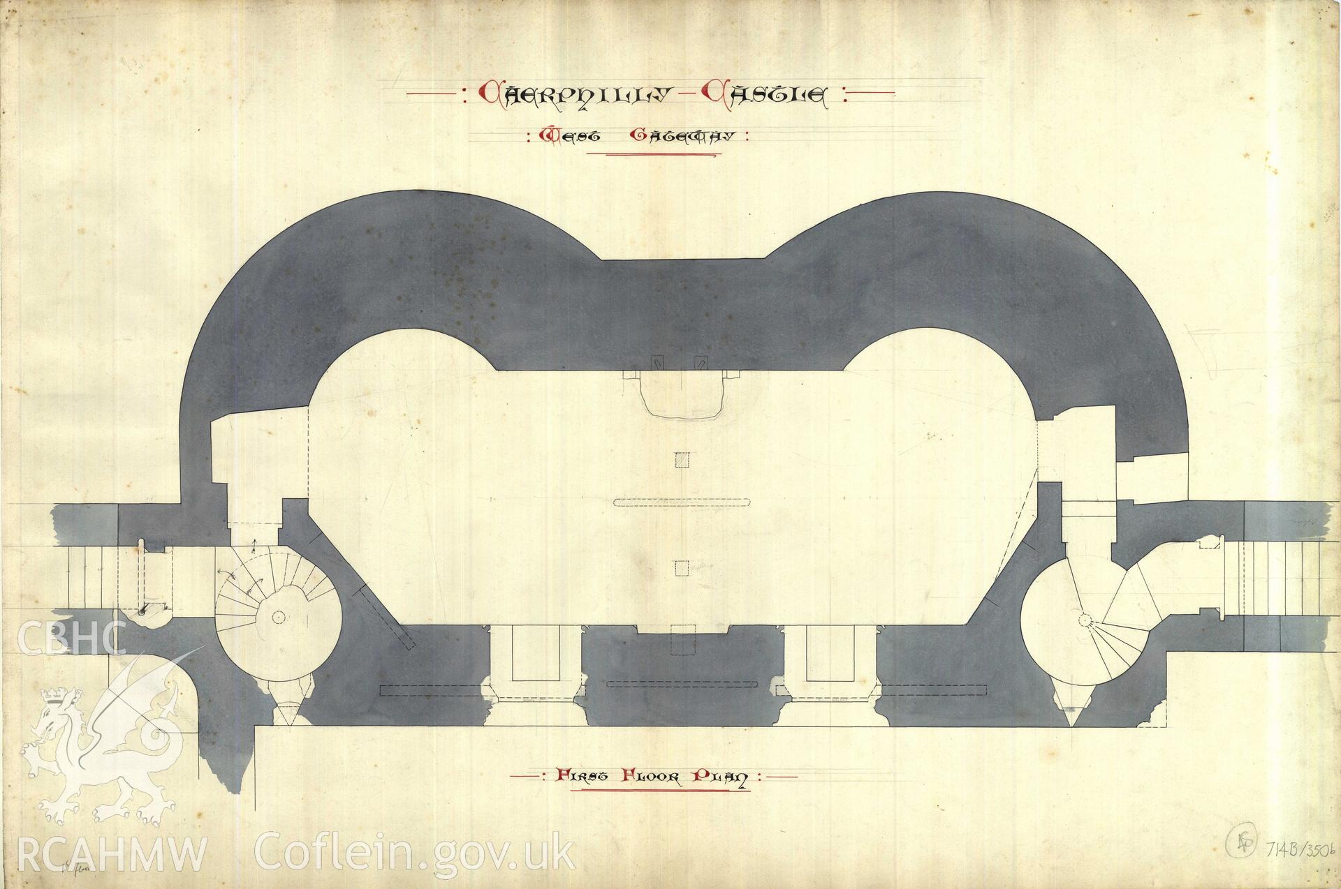 Cadw guardianship monument drawing of Caerphilly Castle. Inner W gate, upper plan. Cadw Ref. No:714B/350b. Scale 1:24.