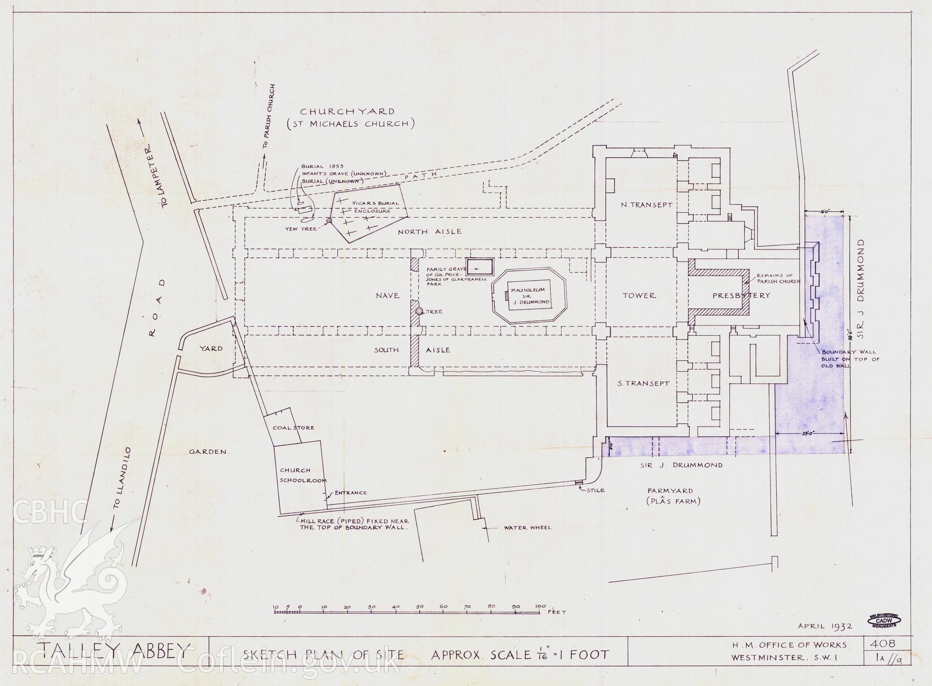 Cadw guardianship monument drawing of Talley Abbey. Sketch plan of site. Cadw Ref. No. 408/1A//a. Scale 1:192.