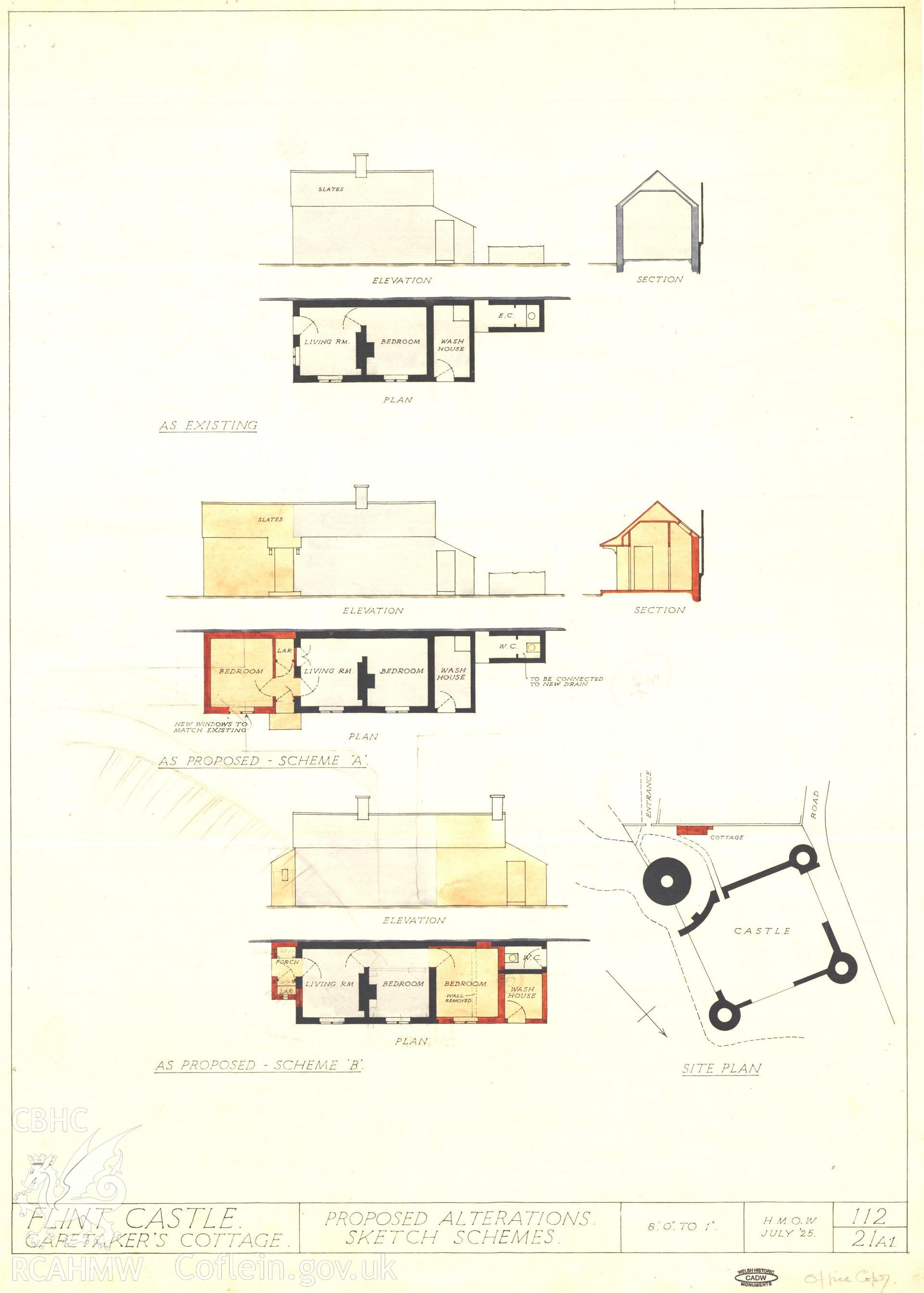 Cadw guardianship monument drawing of Flint Castle. Custodians cottage plan + scheme A. Cadw Ref:112/21A. Scale 1:96.