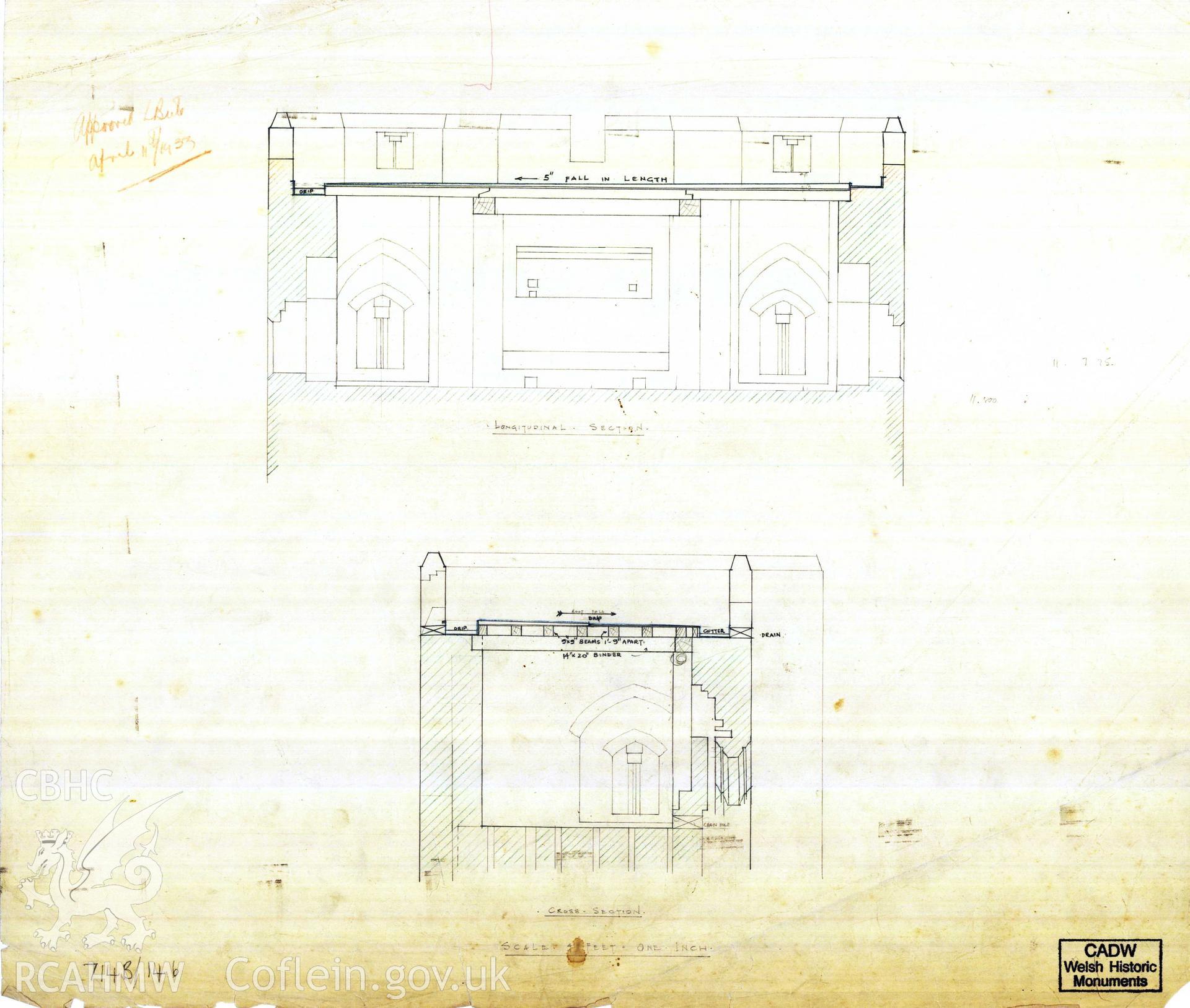 Digital copy of Cadw guardianship monument drawing of Caerphilly Castle. Outer E gate, upper int elevs (ii). Cadw ref. no: 714B/14b. Scale 1:[48].  Original drawing withdrawn and returned to Cadw at their request.