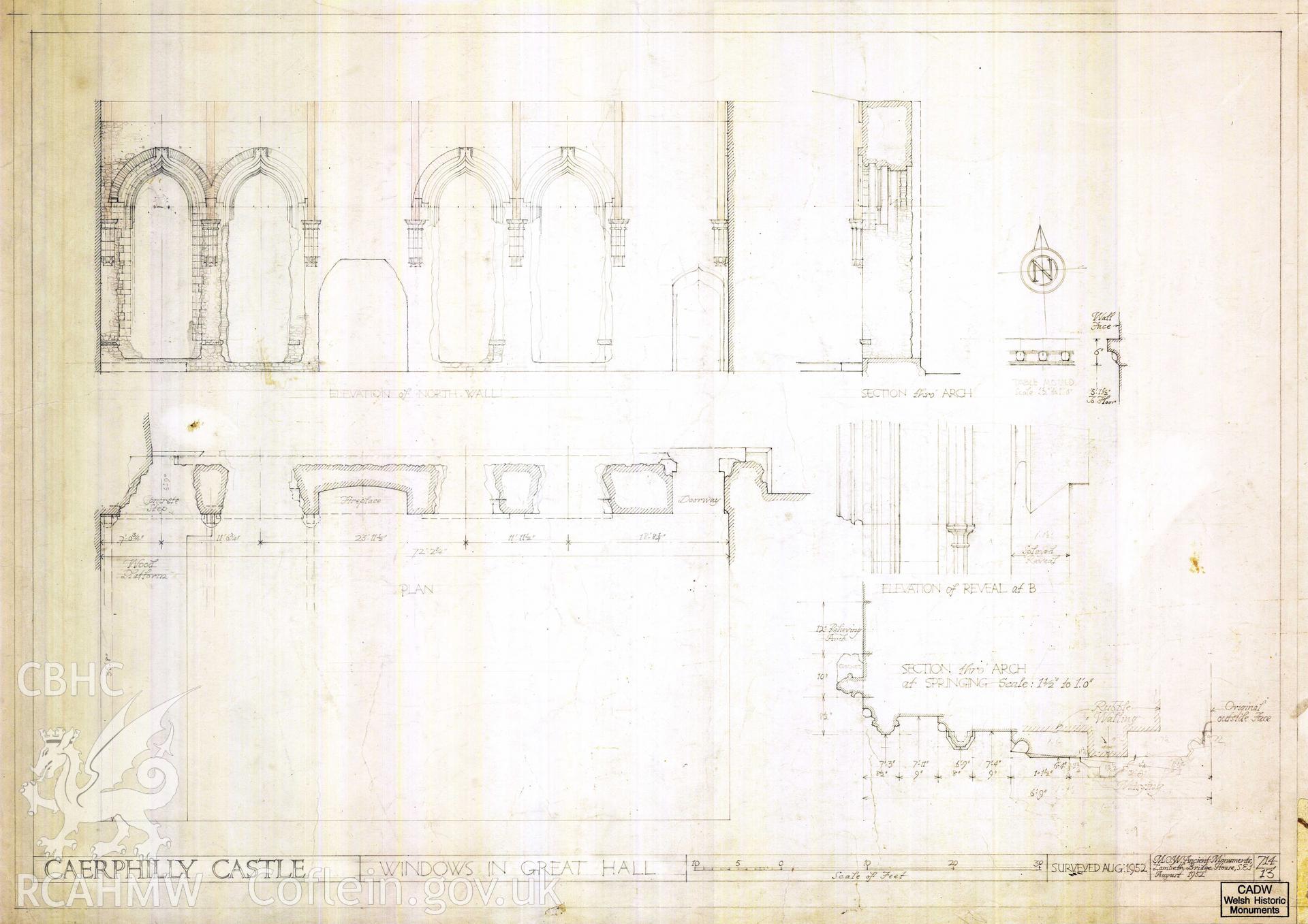 Cadw guardianship monument drawing of Caerphilly Castle. Hall, windows, int elev+plan. Cadw ref. no: 714/13. Scale 1:48.