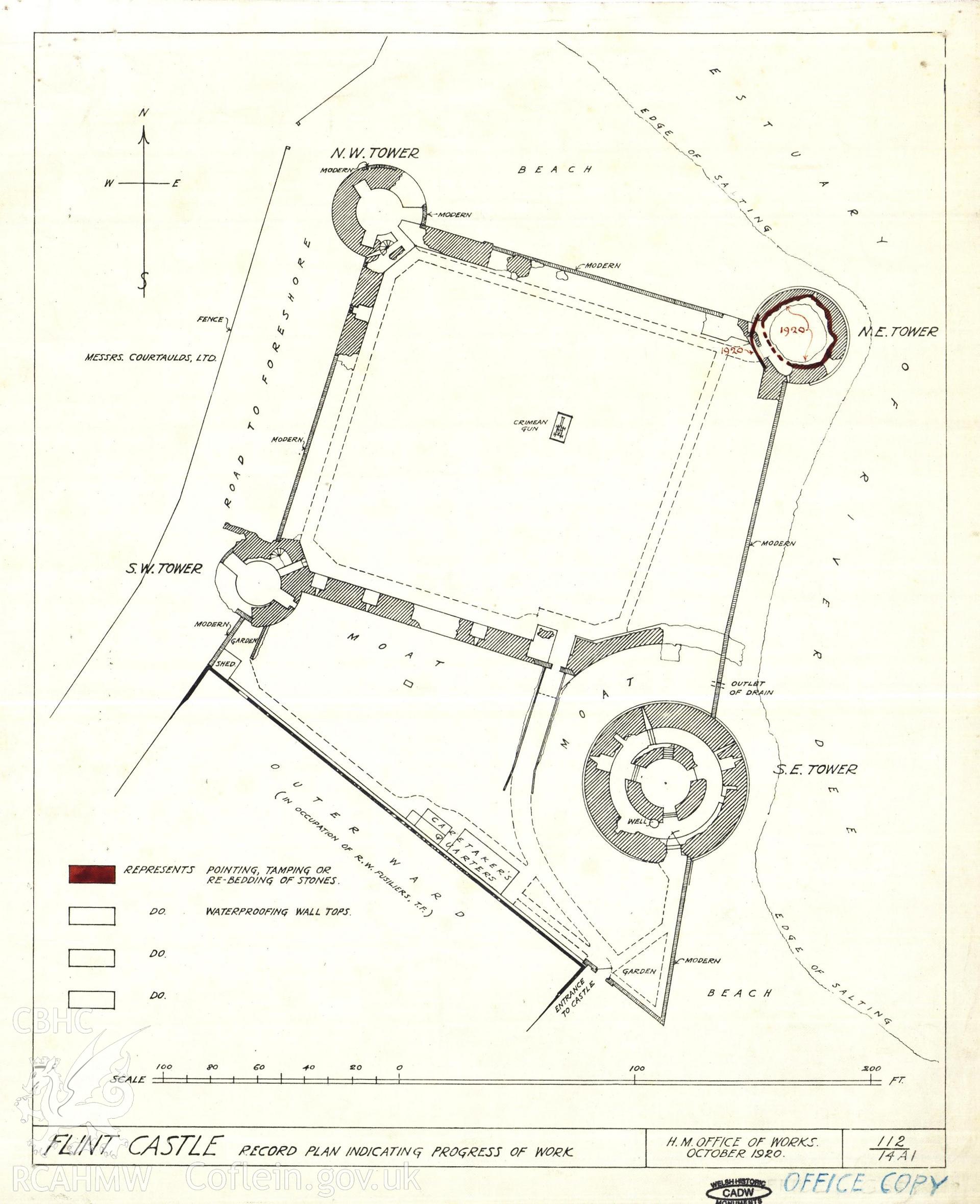 Cadw guardianship monument drawing of Flint Castle. Castle, record plan. Cadw Ref. No:112/14A1. Scale 1:384.