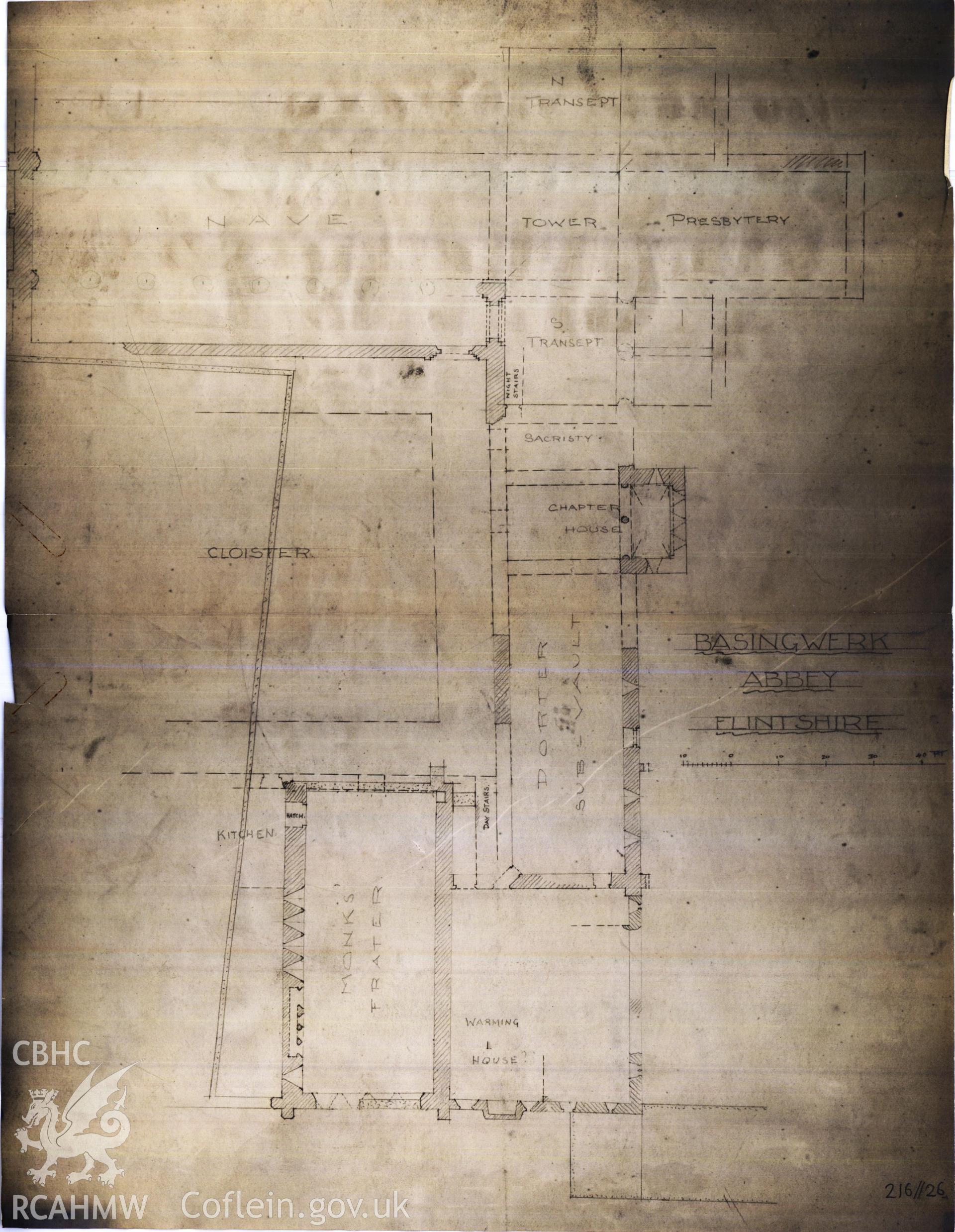 Cadw guardianship monument drawing of Basingwerk. Plan, cloister building, E part. Cadw Ref. No:216//26. Scale 1:c160.