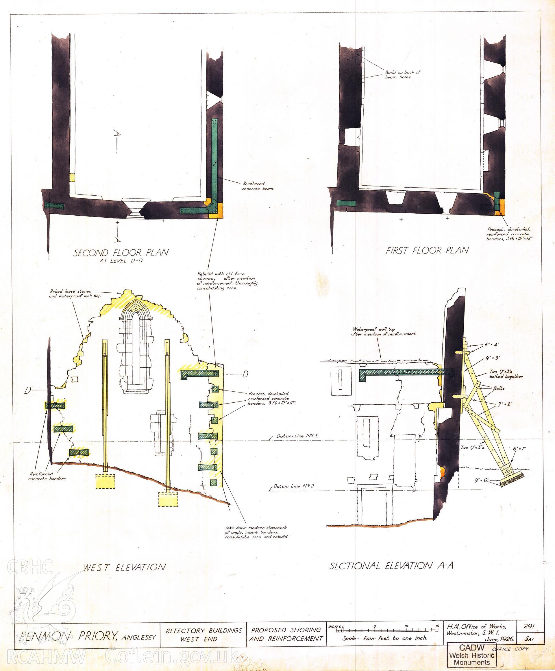 Cadw guardianship monument drawing of Penmon Priory. Refectory, plans &c for repairs. Cadw Ref. No:291/5a1. Scale 1:48.