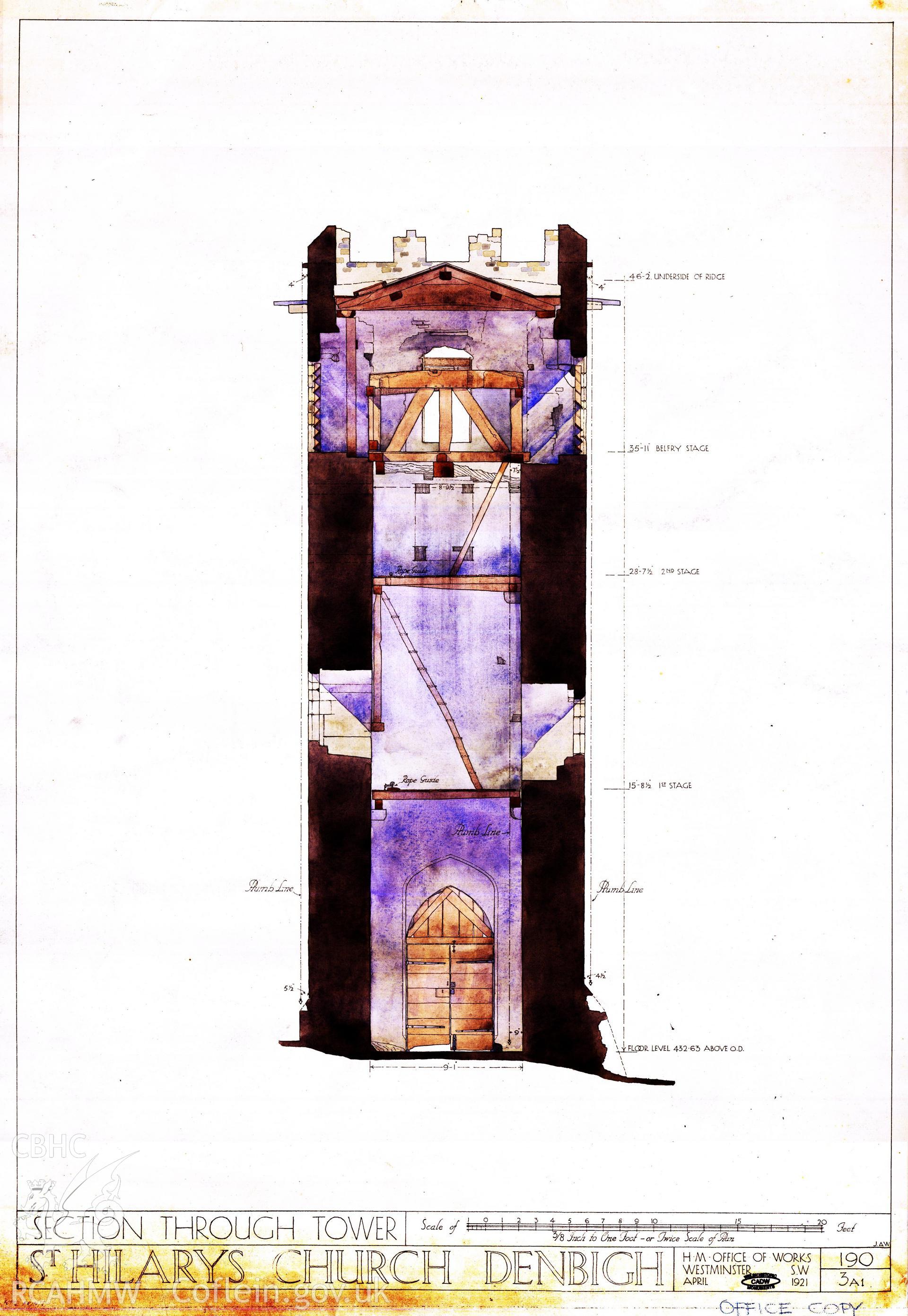 Cadw guardianship monument drawing of Denbigh St Hillary's Church. Section of tower (tinted). Cadw Ref. No:190/3A1. Scale 1:32.