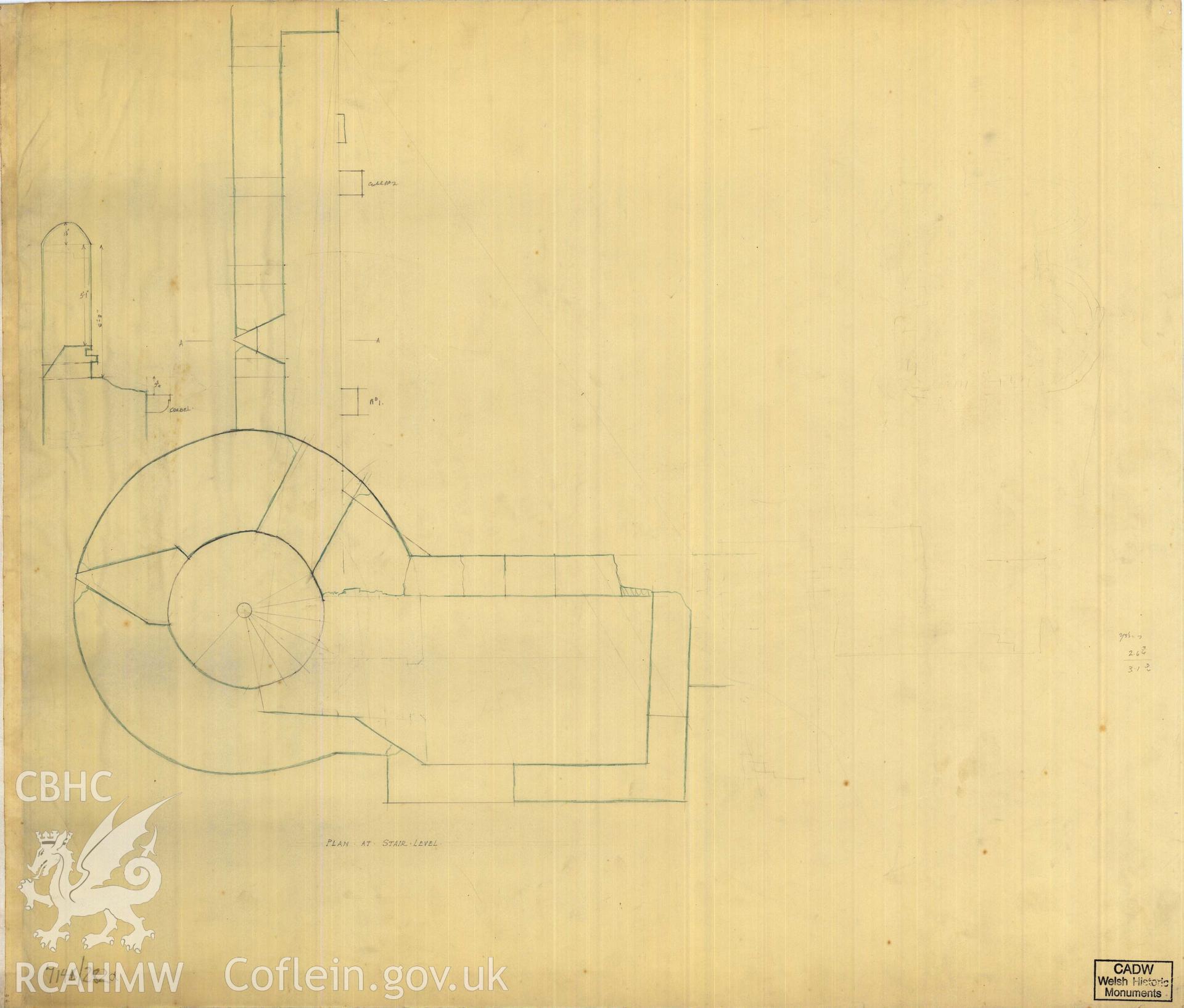 Cadw guardianship monument drawing of Caerphilly Castle. Inner E gate. S turret. Cadw Ref. No:714B/282a. Scale 1:24.