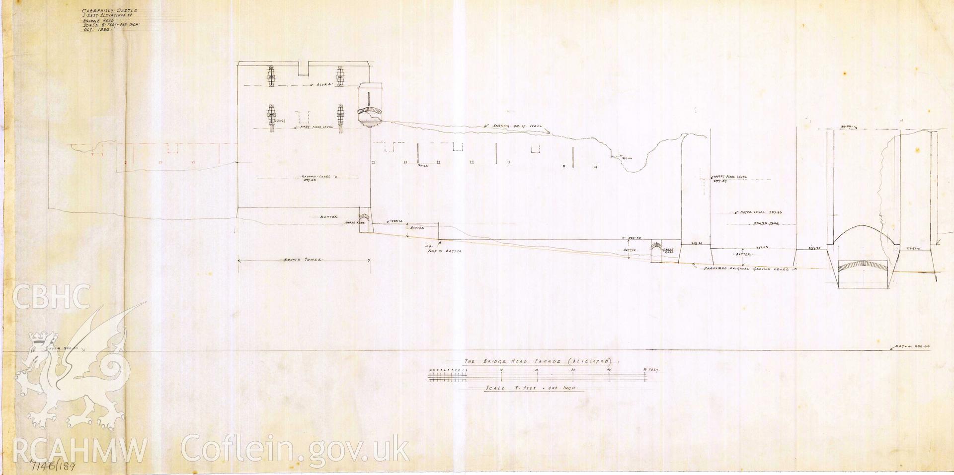 Cadw guardianship monument drawing of Caerphilly Castle. Dam S curtain+tower, ext elev. Cadw Ref. No:714B/189. Scale 1:96.