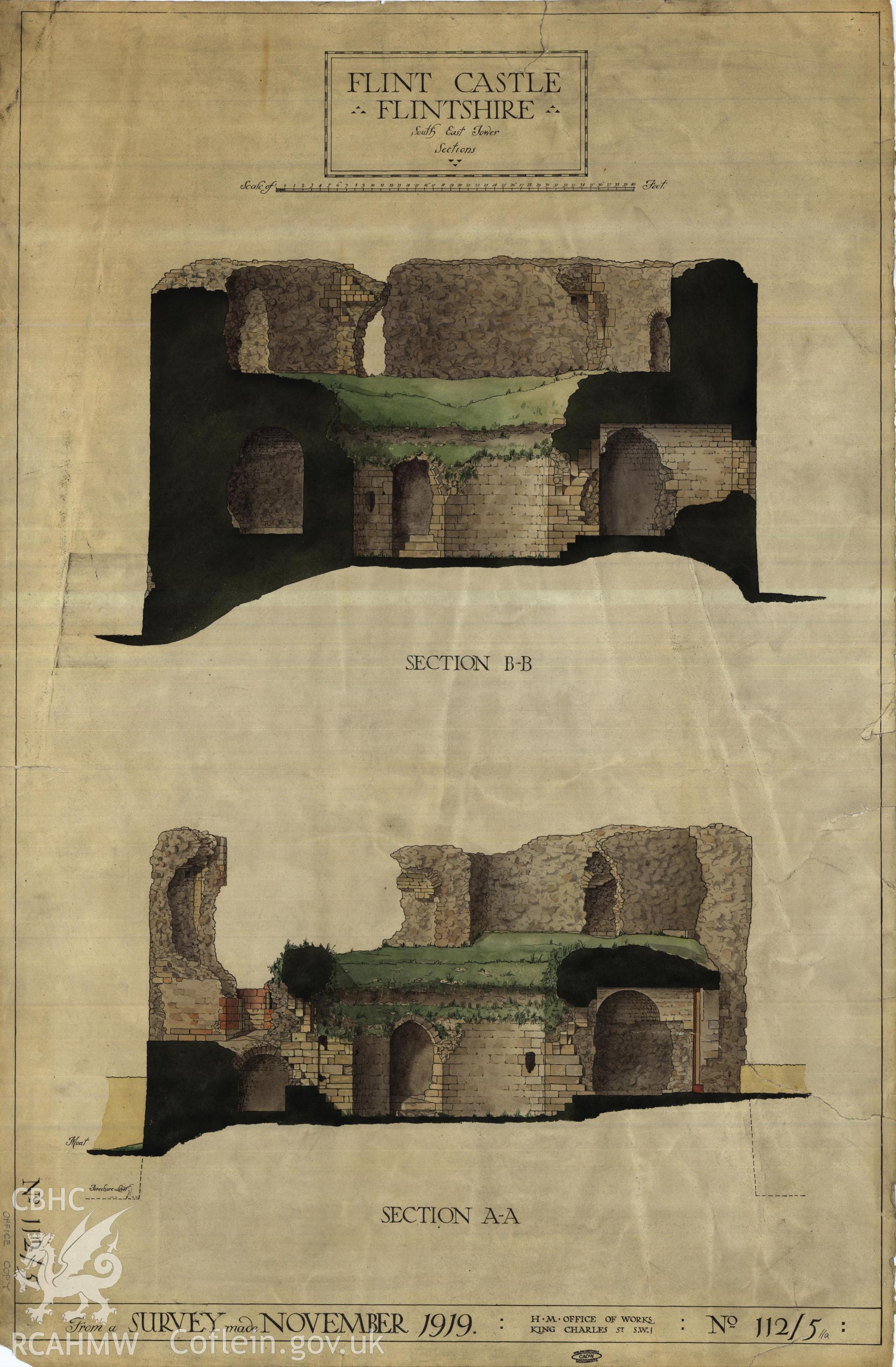 Cadw guardianship monument drawing of Flint Castle. Round keep (SE) 2 sections (tinted). Cadw Ref. No:112/5//a. Scale 1:48.