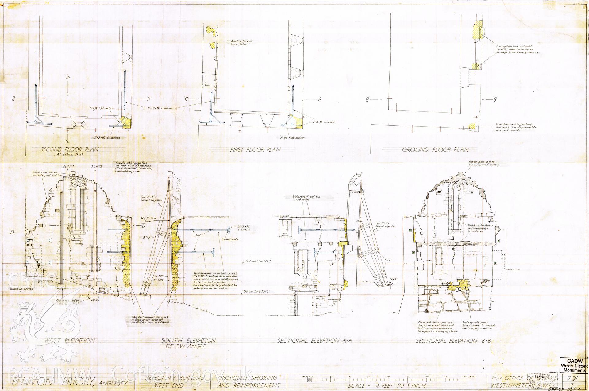 Cadw guardianship monument drawing of Penmon Priory. Refectory, plans &c for repairs. Cadw Ref. No:291/3. Scale 1:48.