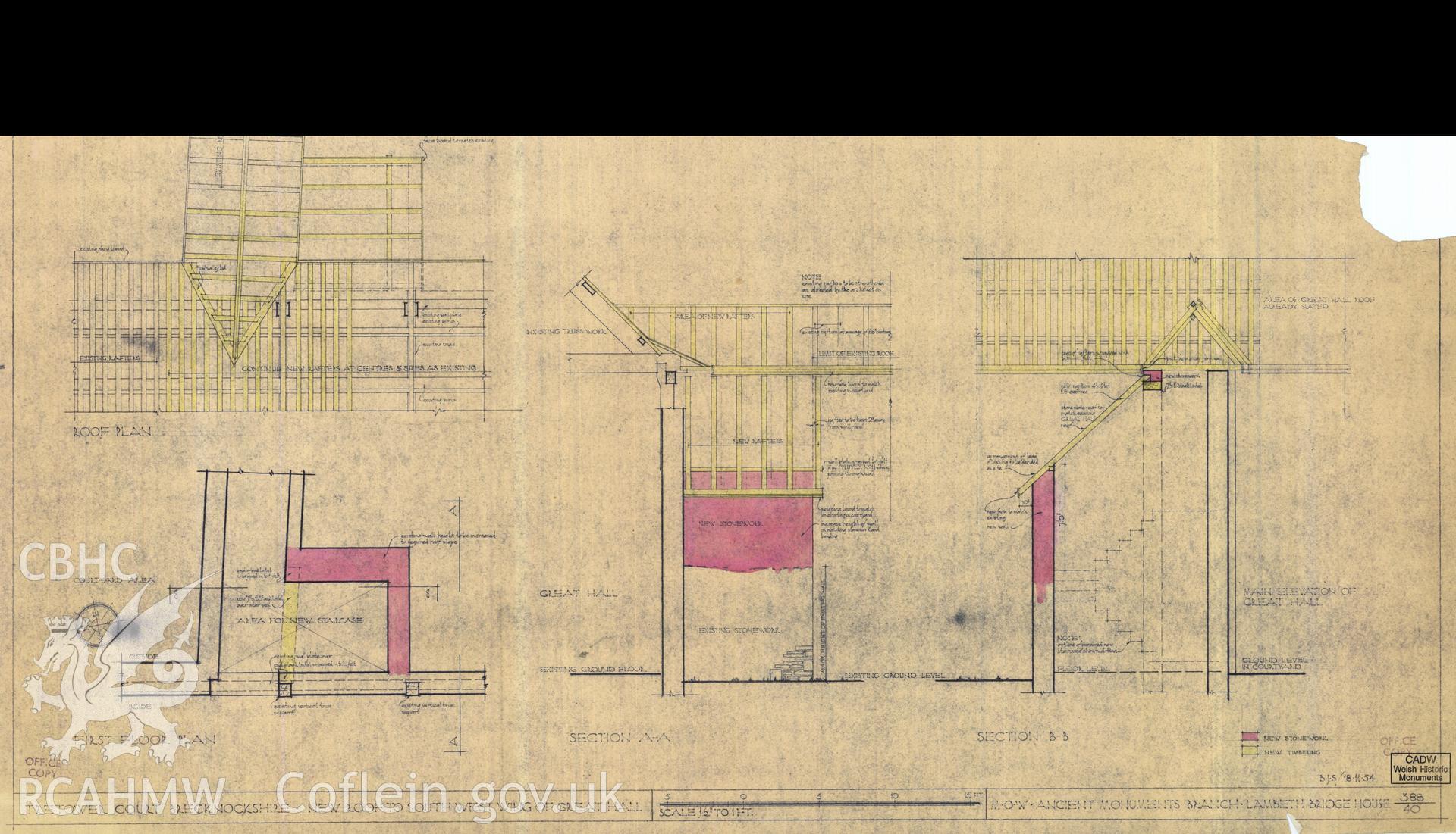 Cadw guardianship monument drawing of Tretower Court. SW stairs roof, 2 plans + 2 sections. Cadw Ref. No:388/40. Scale 1:24.