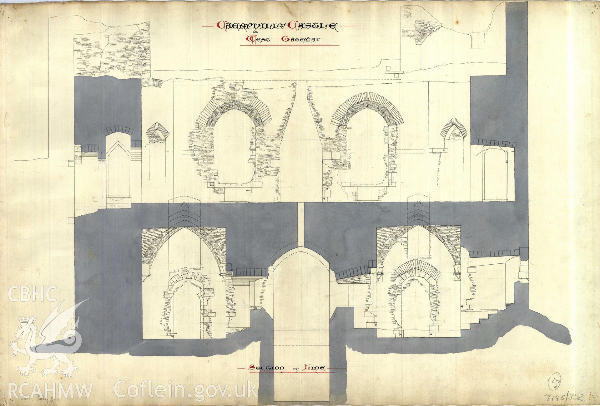 Cadw guardianship monument drawing of Caerphilly Castle. Inner W gate, section/elev to E. Cadw Ref. No:714B/352. Scale 1:24.