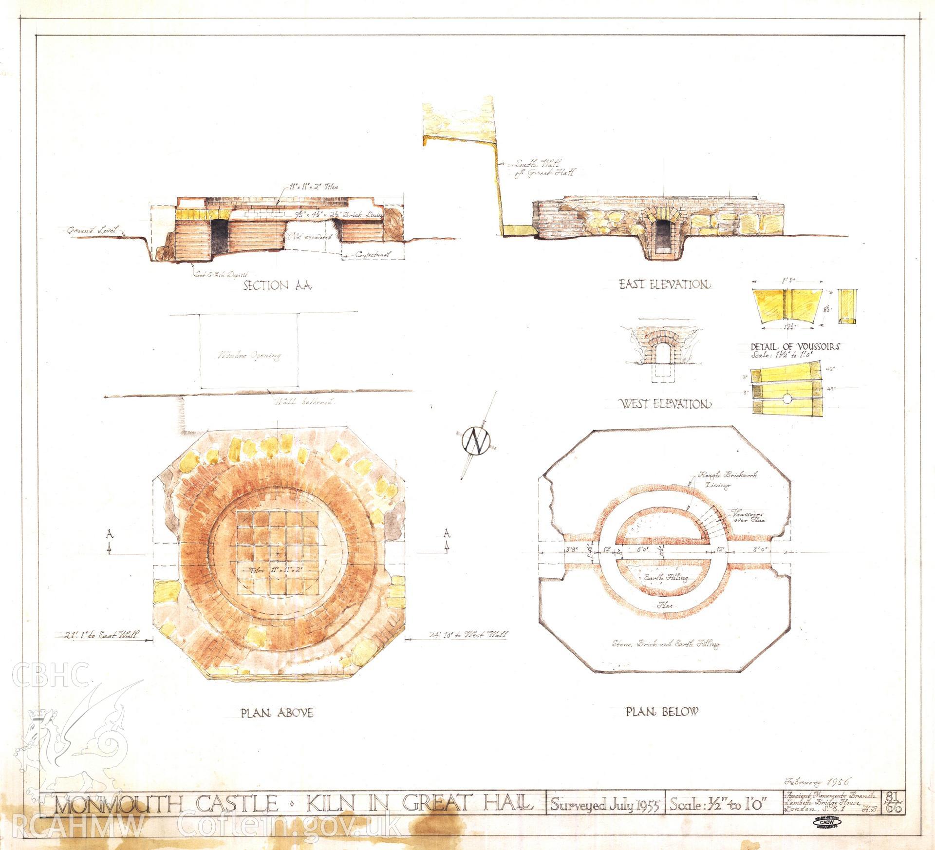Cadw guardianship monument drawing of Monmouth Great Castle House. Kiln in great hall, plan, section, detail. Cadw Ref. No:81/66. Scale 1:24.