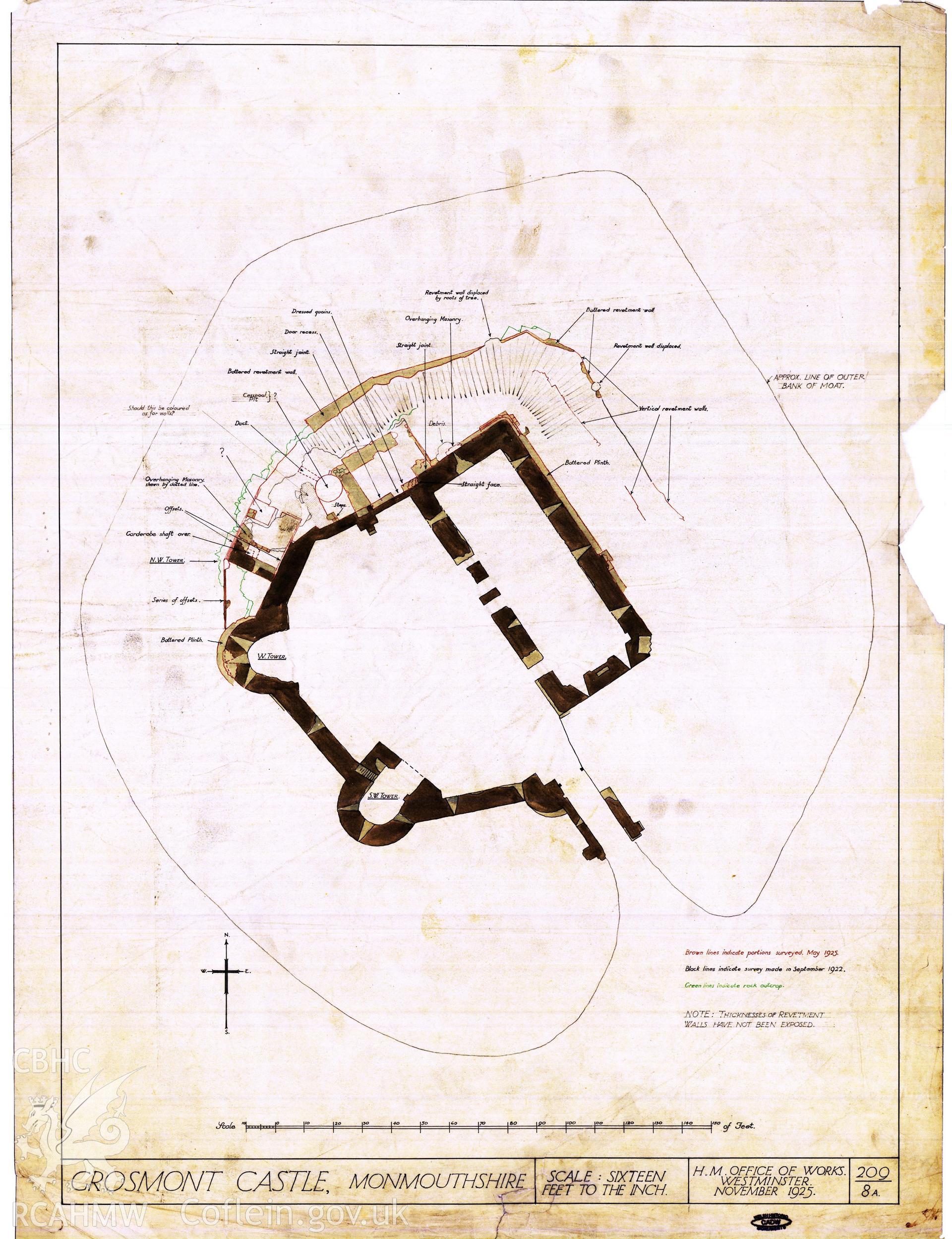 Cadw guardianship monument drawing of Grosmont Castle. Plan + many notes. Cadw Ref. No:209/8A. Scale 1:192.