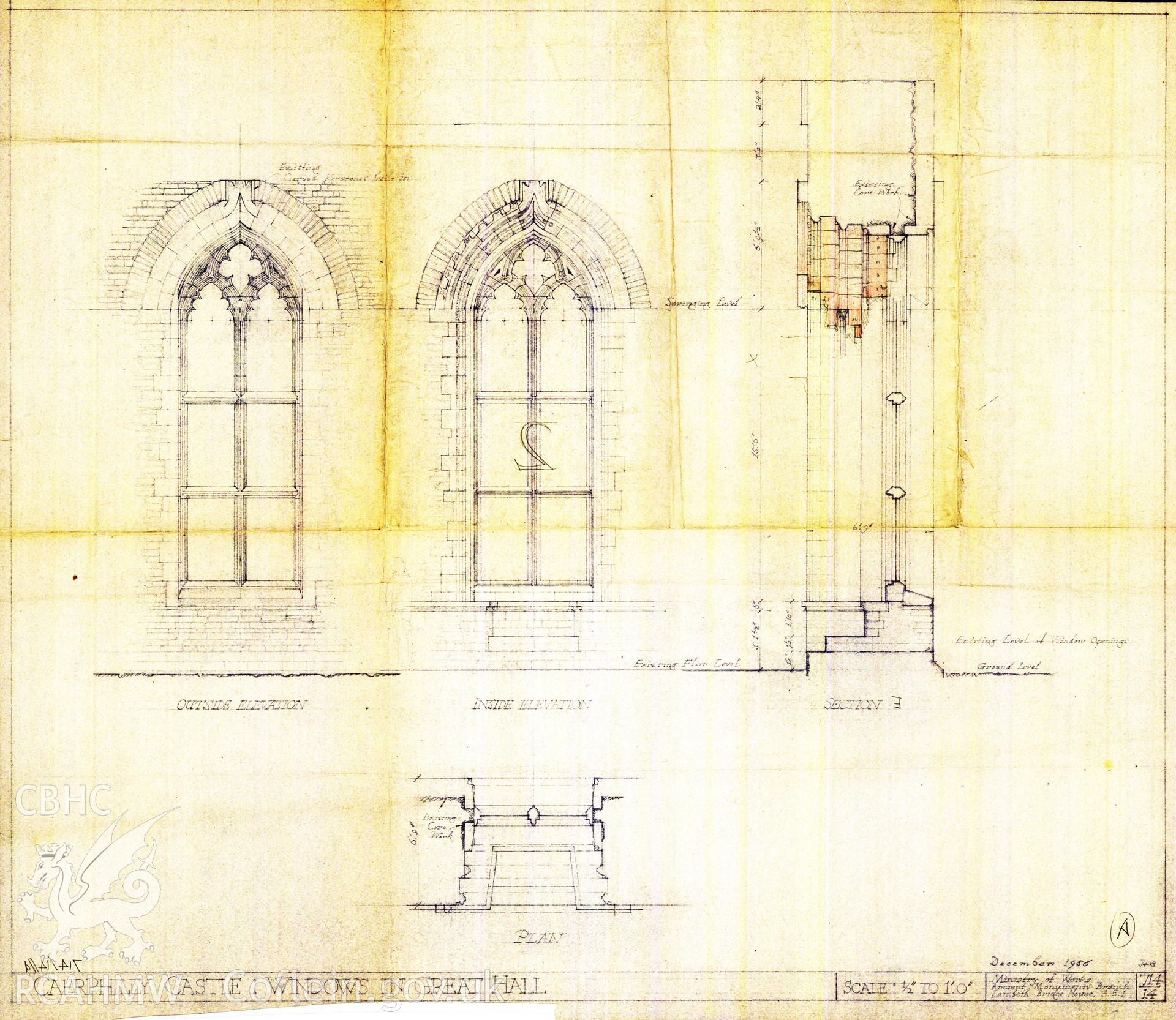 Cadw guardianship monument drawing of Caerphilly Castle. Hall, window 1, stonework + E jamb. Cadw ref. no: 714/14//b. Scale 1:24.