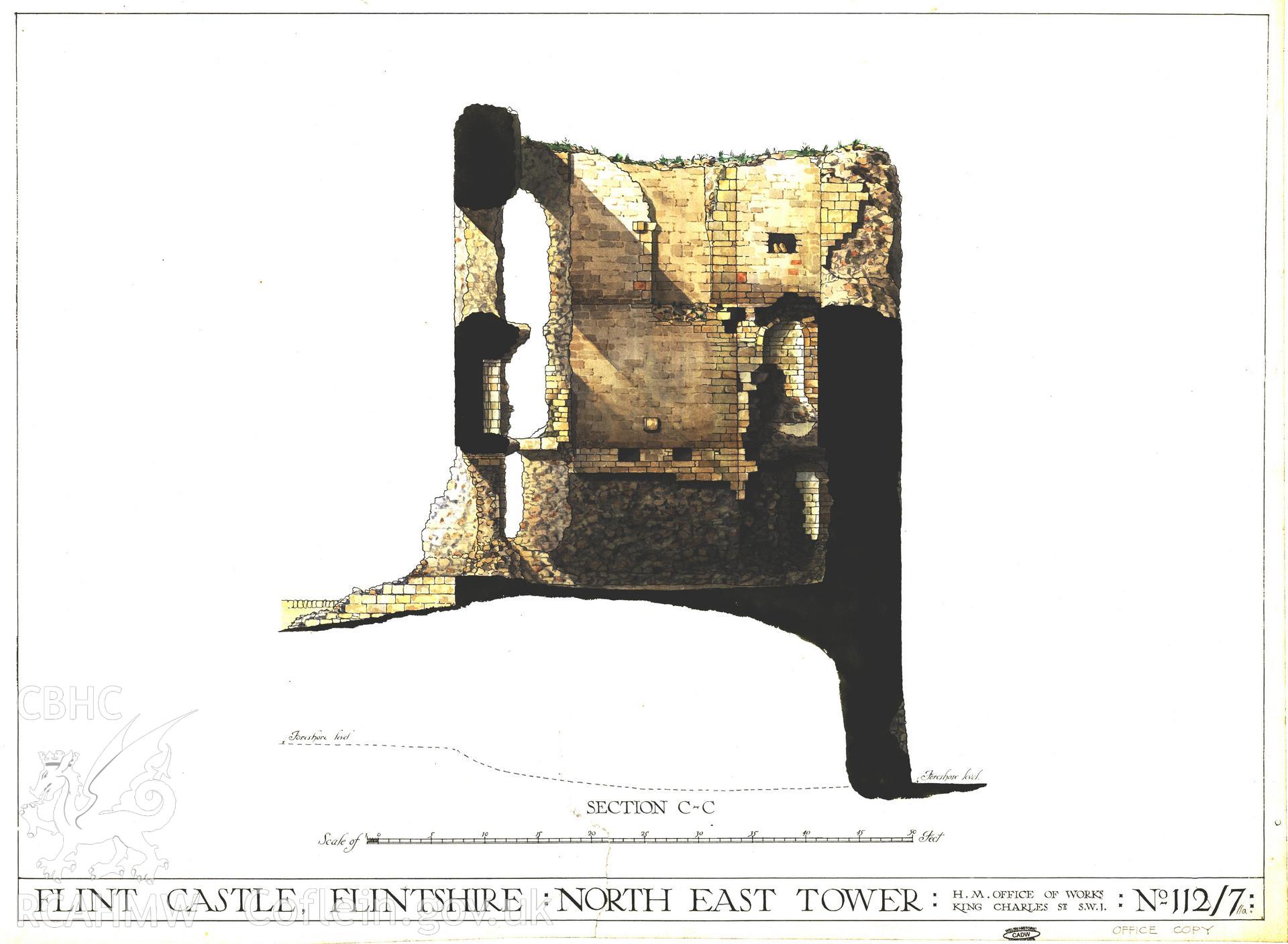 Cadw guardianship monument drawing of Flint Castle. NE tower, section (well tinted). Cadw Ref. No:112/7//a. Scale 1:48.