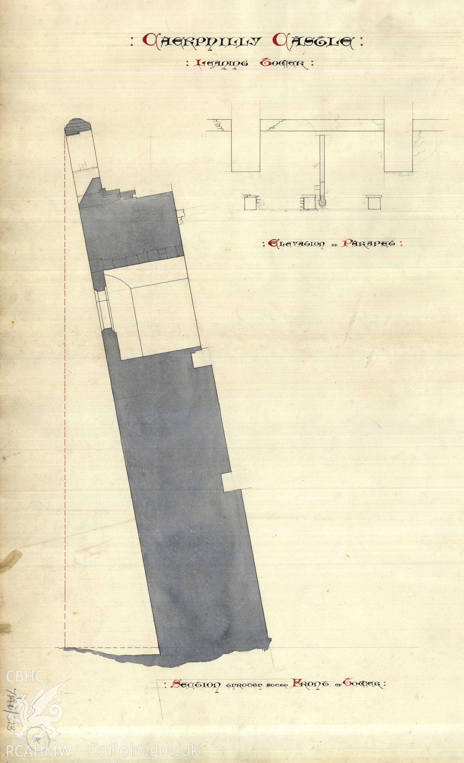 Cadw guardianship monument drawing of Caerphilly Castle. Section and elevation, Leaning Tower. Cadw Ref. No. 714B/313. No scale.