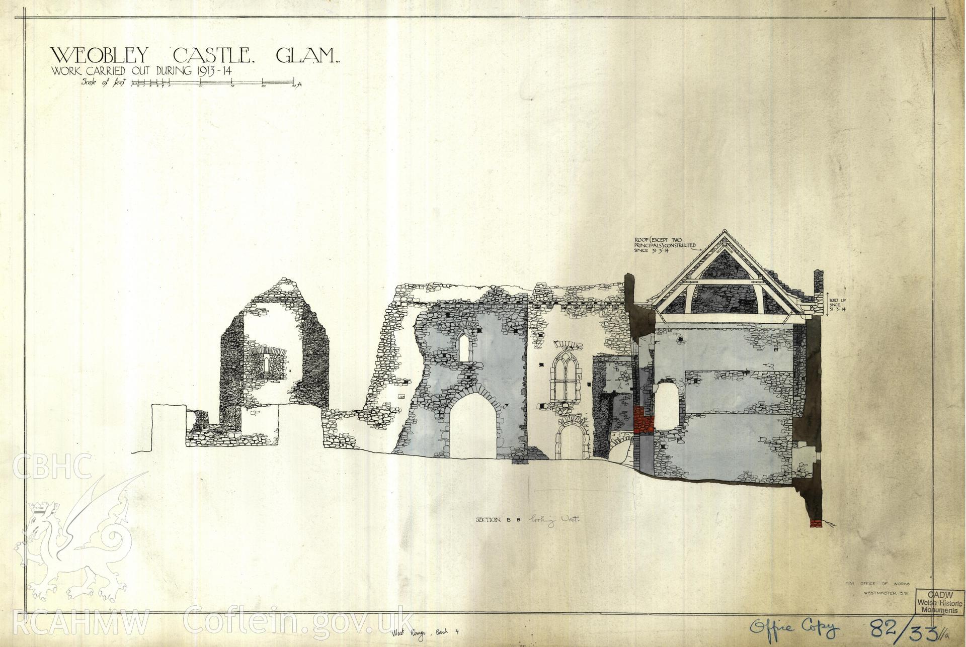 Cadw guardianship monument drawing of Weobley Castle. W range, rear elevation, final print. Cadw Ref. No:82/33//a. Scale 1:48.
