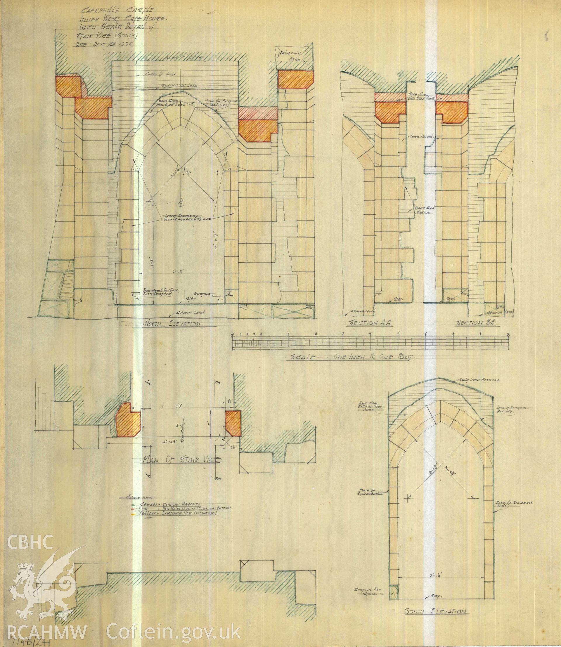 Cadw guardianship monument drawing of Caerphilly Castle. Inner W gate, stairs doorway. Cadw Ref. No:714B/241. Scale 1:12.