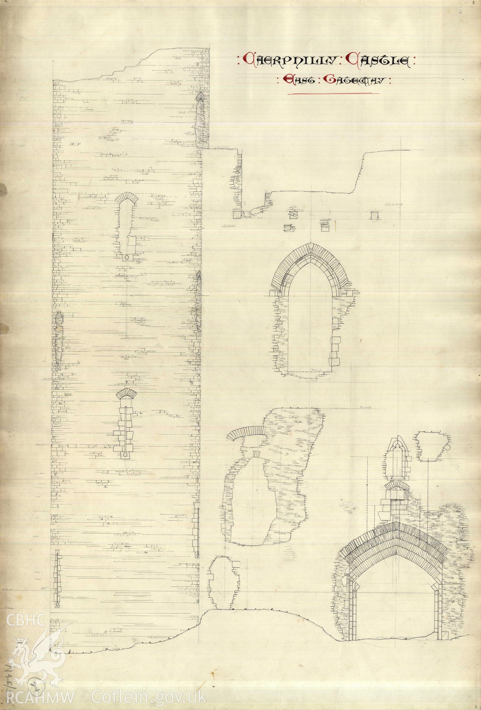 Cadw guardianship monument drawing of Caerphilly Castle. Inner E gate,W (int) elev N half. Cadw Ref. No:714B/325. Scale 1:24.