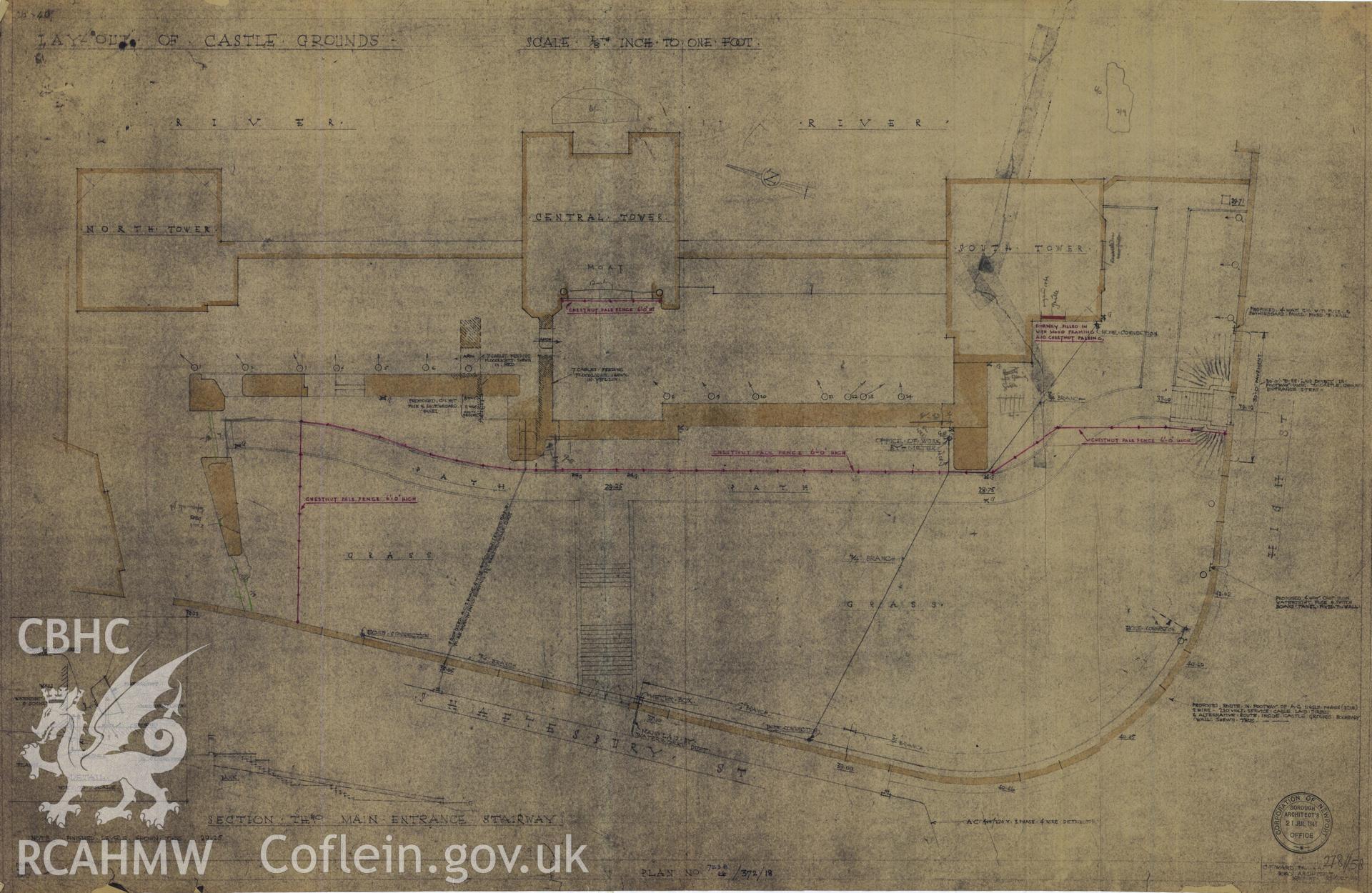 Cadw guardianship monument drawing of Newport Castle. General plan of park etc, fencing. Cadw Ref. No:278//58. Scale 1:96.