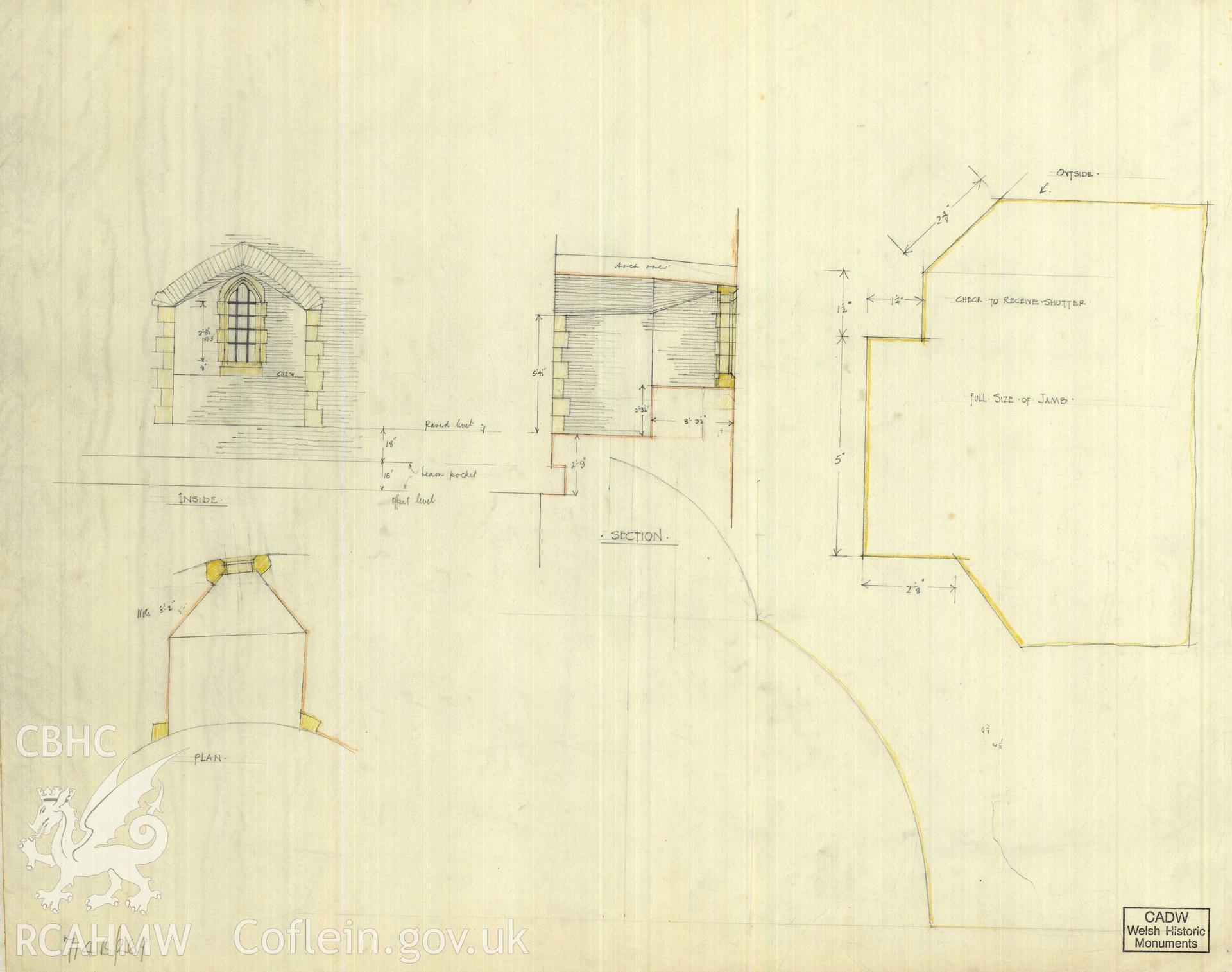 Cadw guardianship monument drawing of Caerphilly Castle. Inner E gate, upper floor window. Cadw Ref. No:714B/269. Scale 1:24.1.