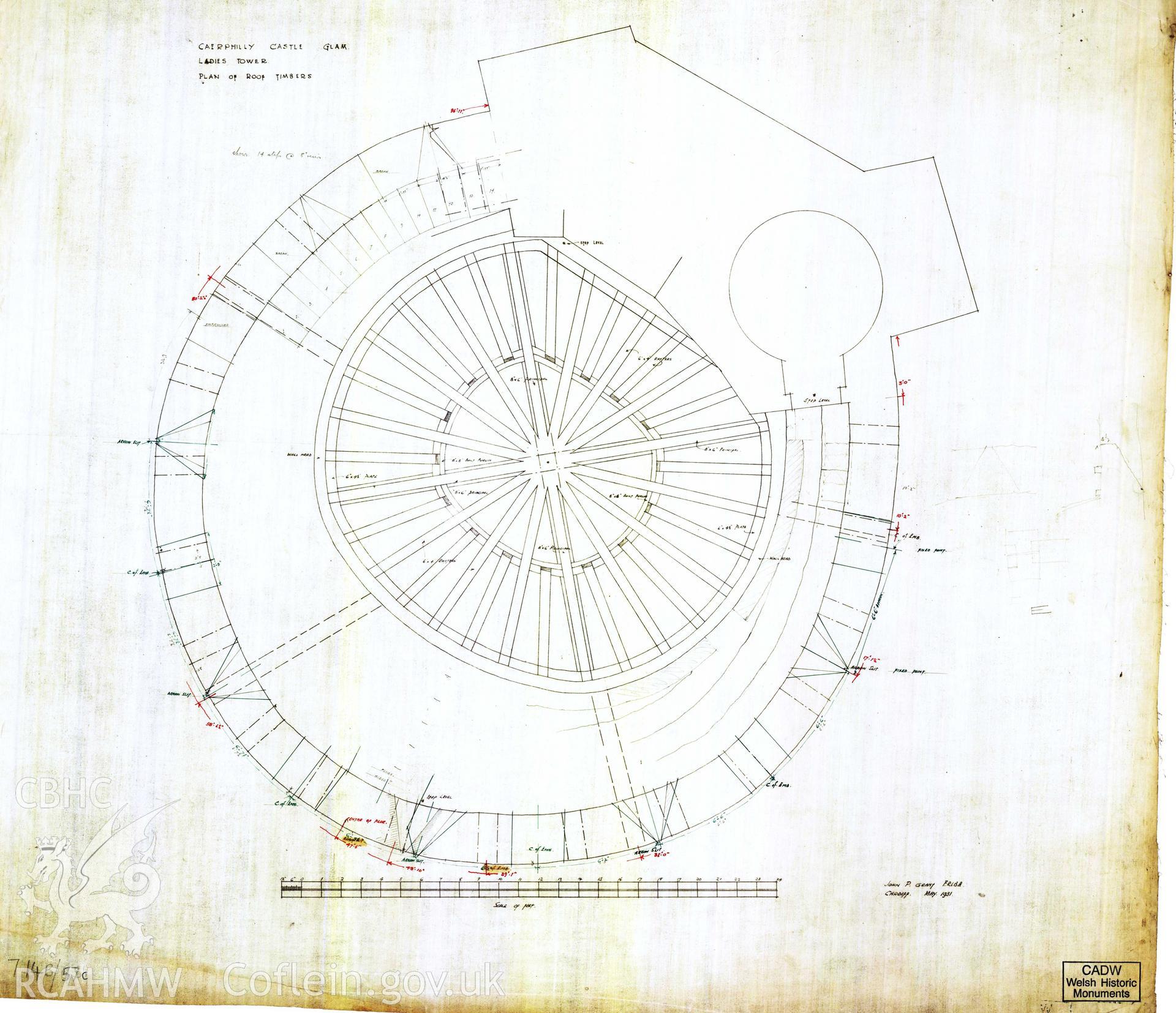 Digital copy of Cadw guardianship monument drawing of Caerphilly Castle. NW tower, roof timbers, plan. Cadw ref. no: 714B/57c. Scale 1:24.  Original drawing withdrawn and returned to Cadw at their request.