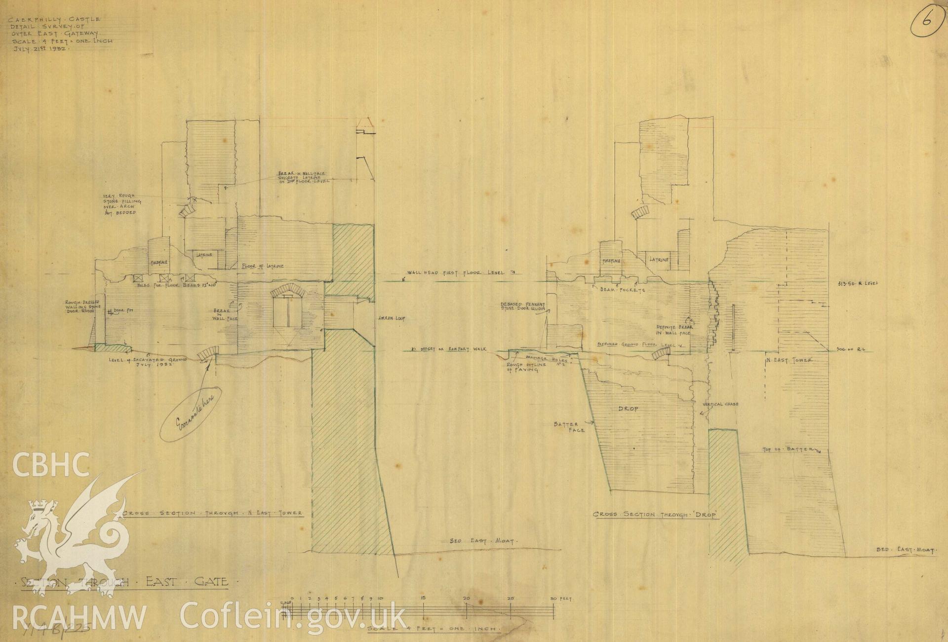 Cadw guardianship monument drawing of Caerphilly Castle. Mid W gate, sections. Cadw Ref. No:714B/225. Scale 1:48.