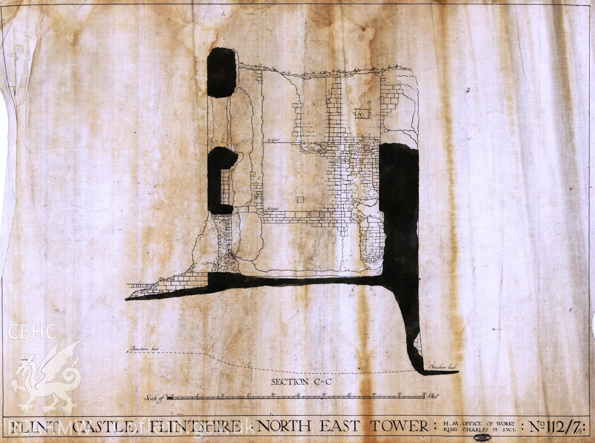 Cadw guardianship monument drawing of Flint Castle. NE tower, section (tinted). Cadw Ref. No:112/7//b. Scale 1:48.