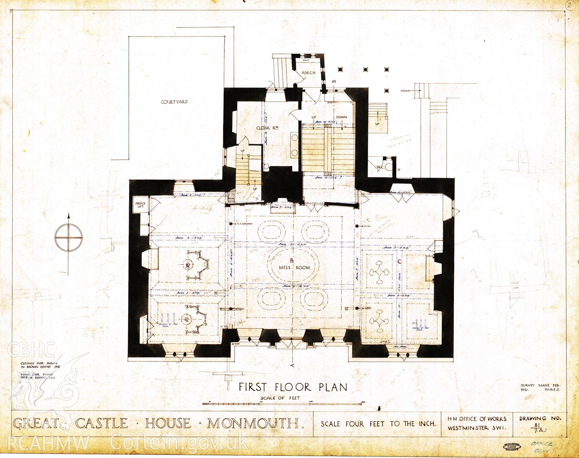 Cadw guardianship monument drawing of Monmouth Great Castle House. Survey Plan - 1st Foor. Cadw Ref. No:81/7A1. Scale 1:48.