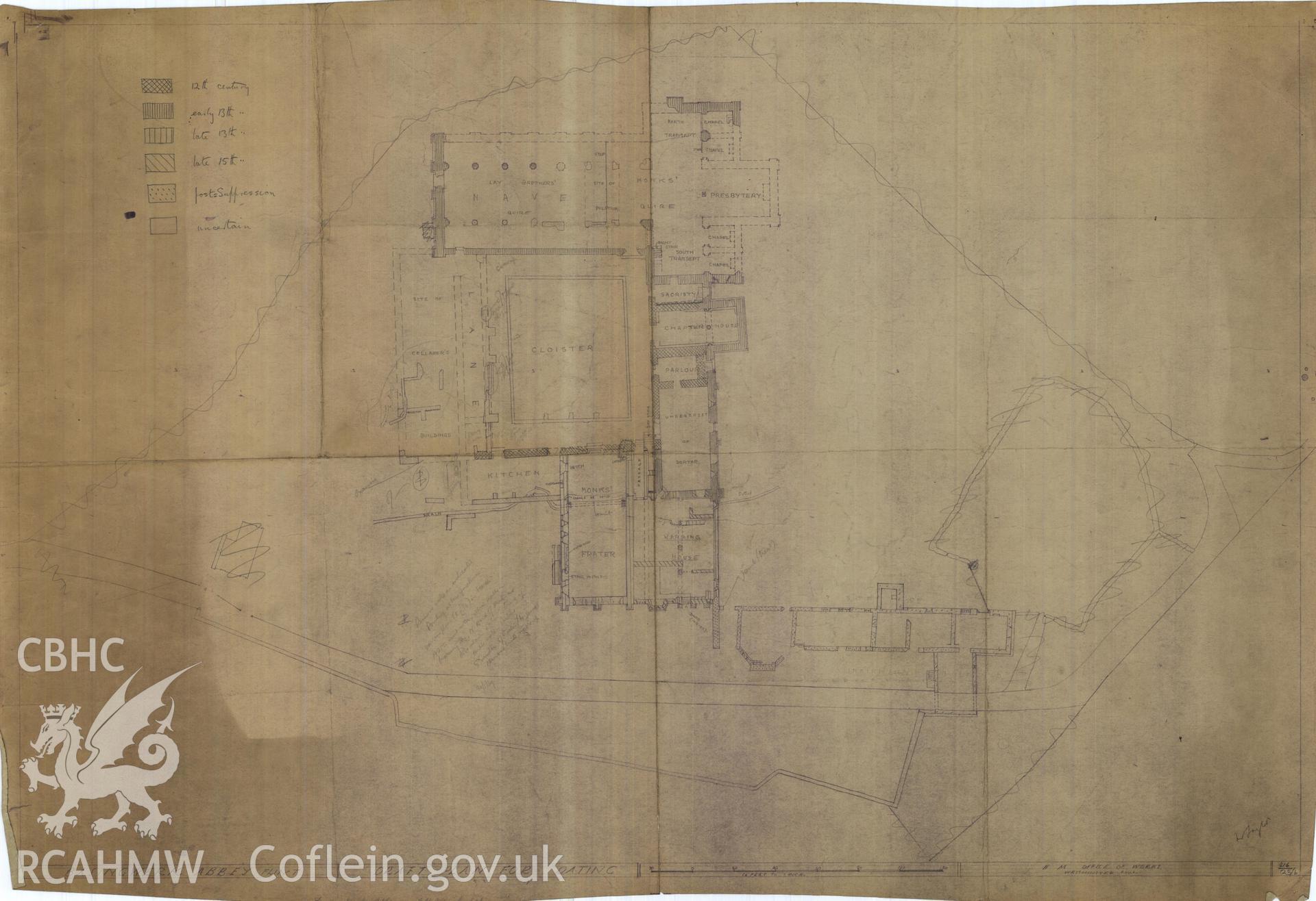 Cadw guardianship monument drawing of Basingwerk Abbey. Draft plan for dating. Cadw Ref. No. 216/25/b. Scale 1:192.